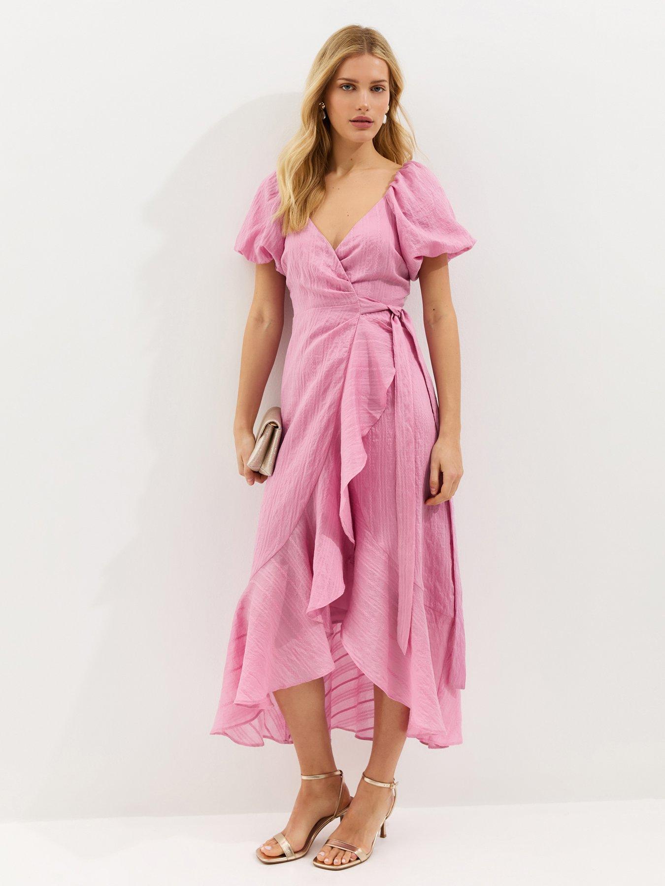 New Look Textured Ruffle Trimmed Wrap Midi Dress - Pink