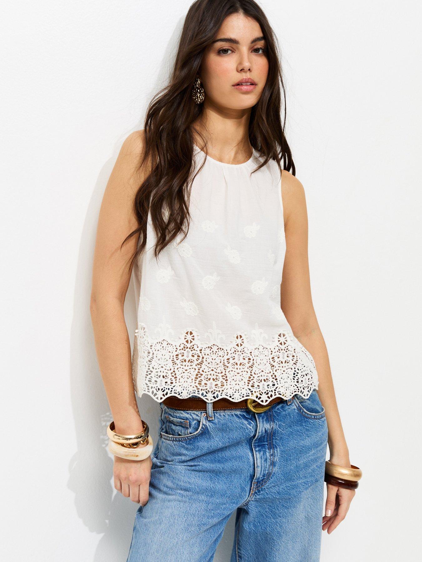 New Look Off White Cotton Embroidered Sleeveless Top