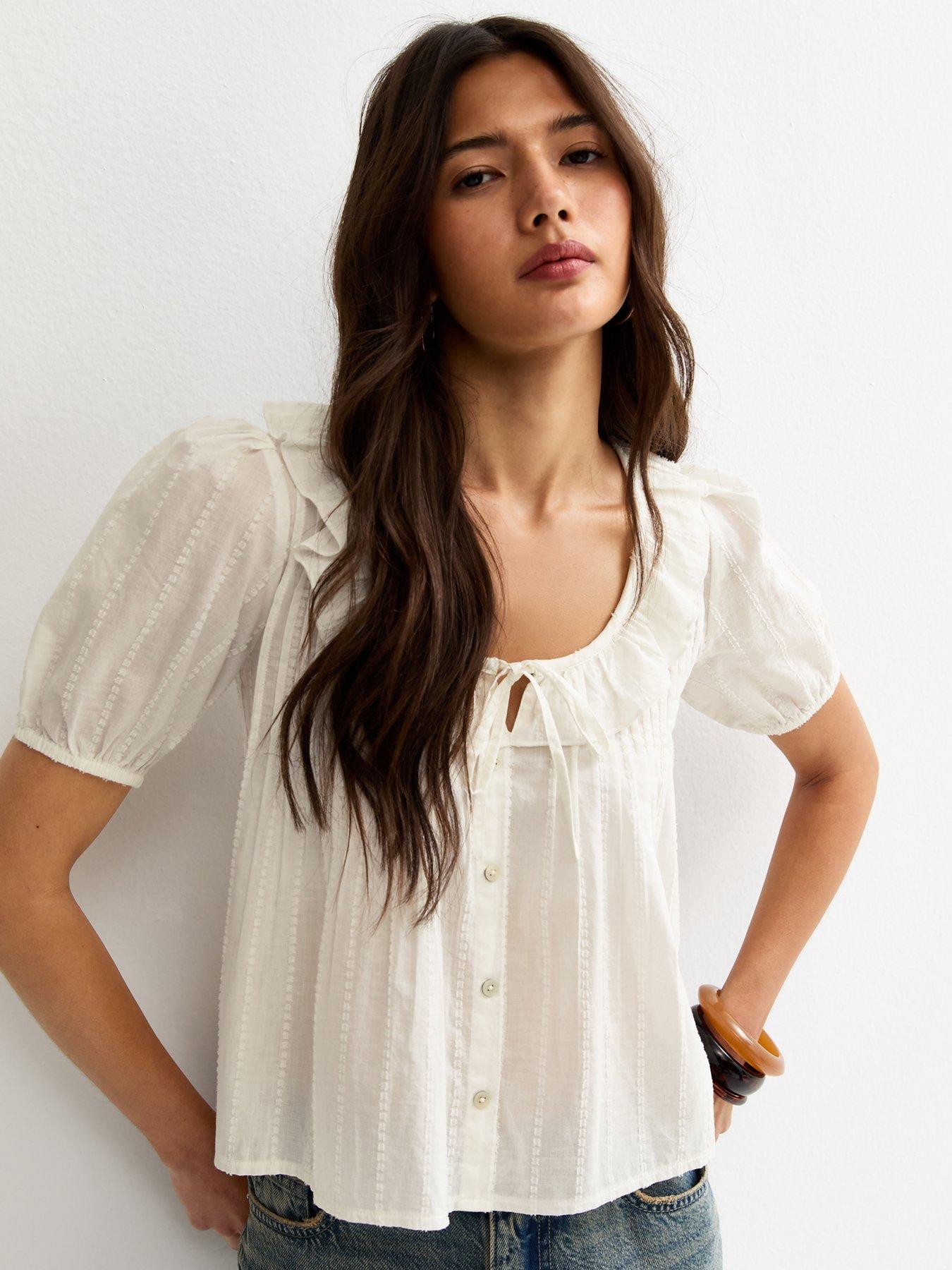 New Look Dobby Stripe Tie Bow Blouse - White