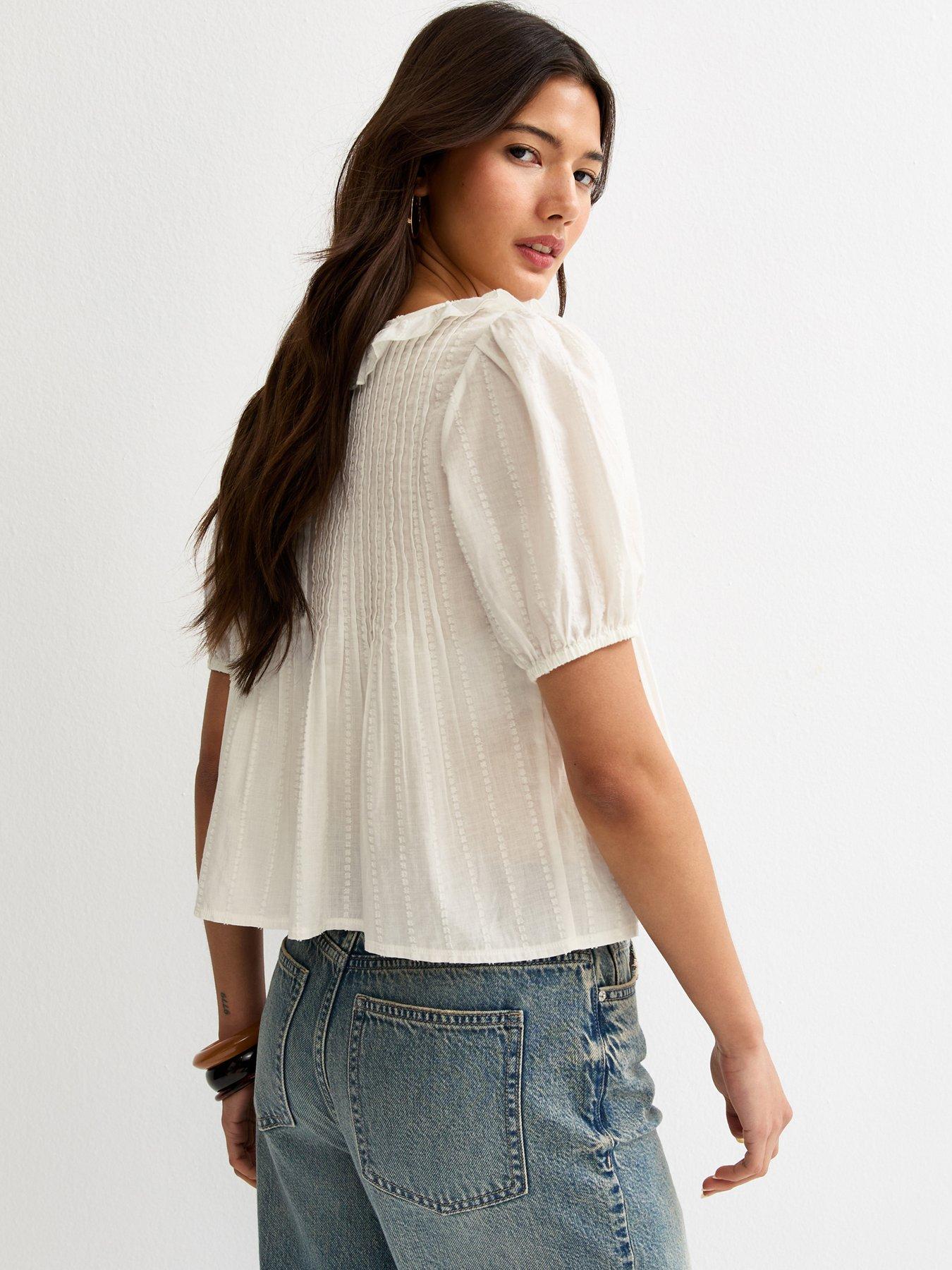 Image 2 of 5 of New Look Dobby Stripe Tie Bow Blouse - White