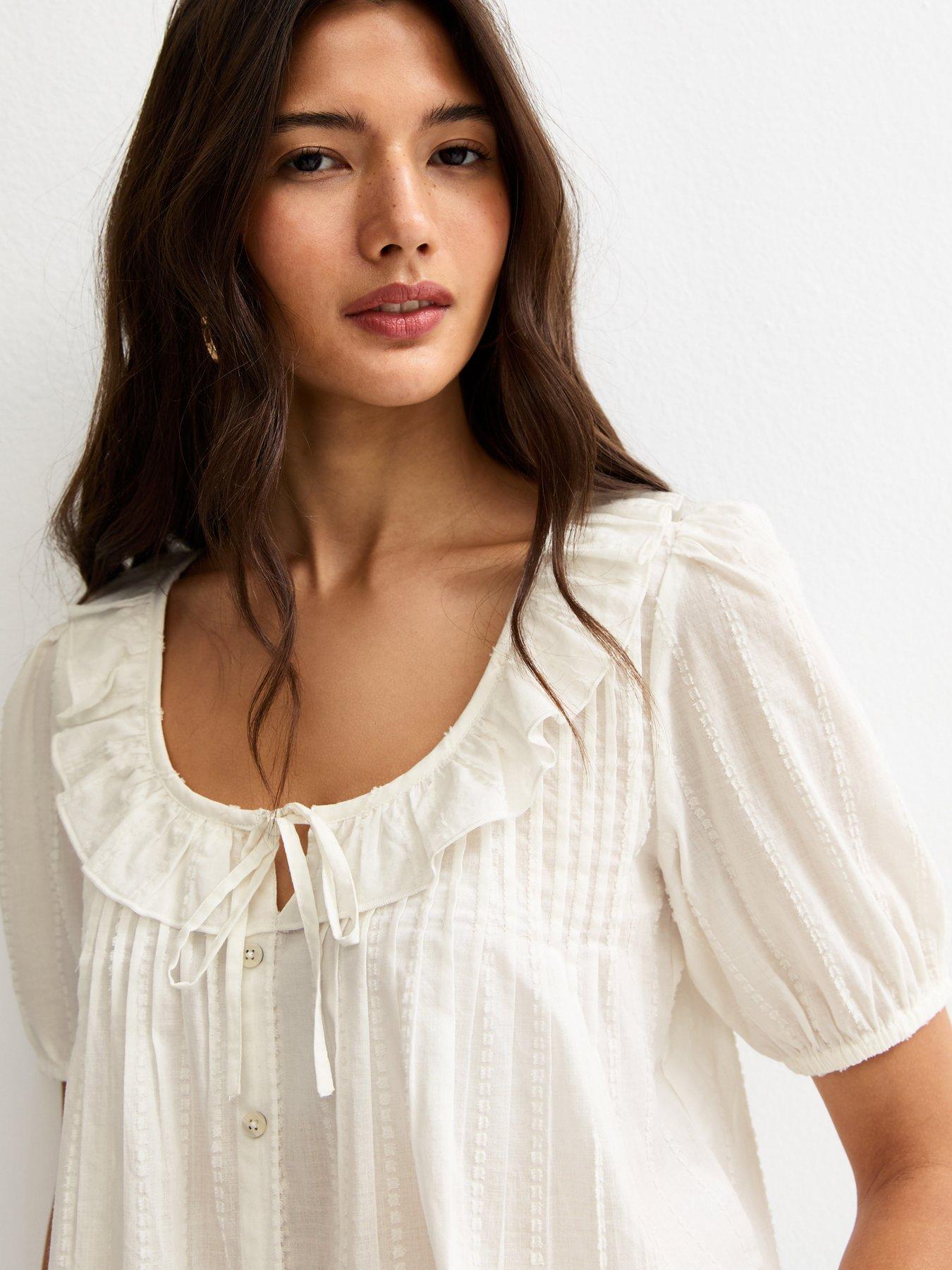 Image 4 of 5 of New Look Dobby Stripe Tie Bow Blouse - White