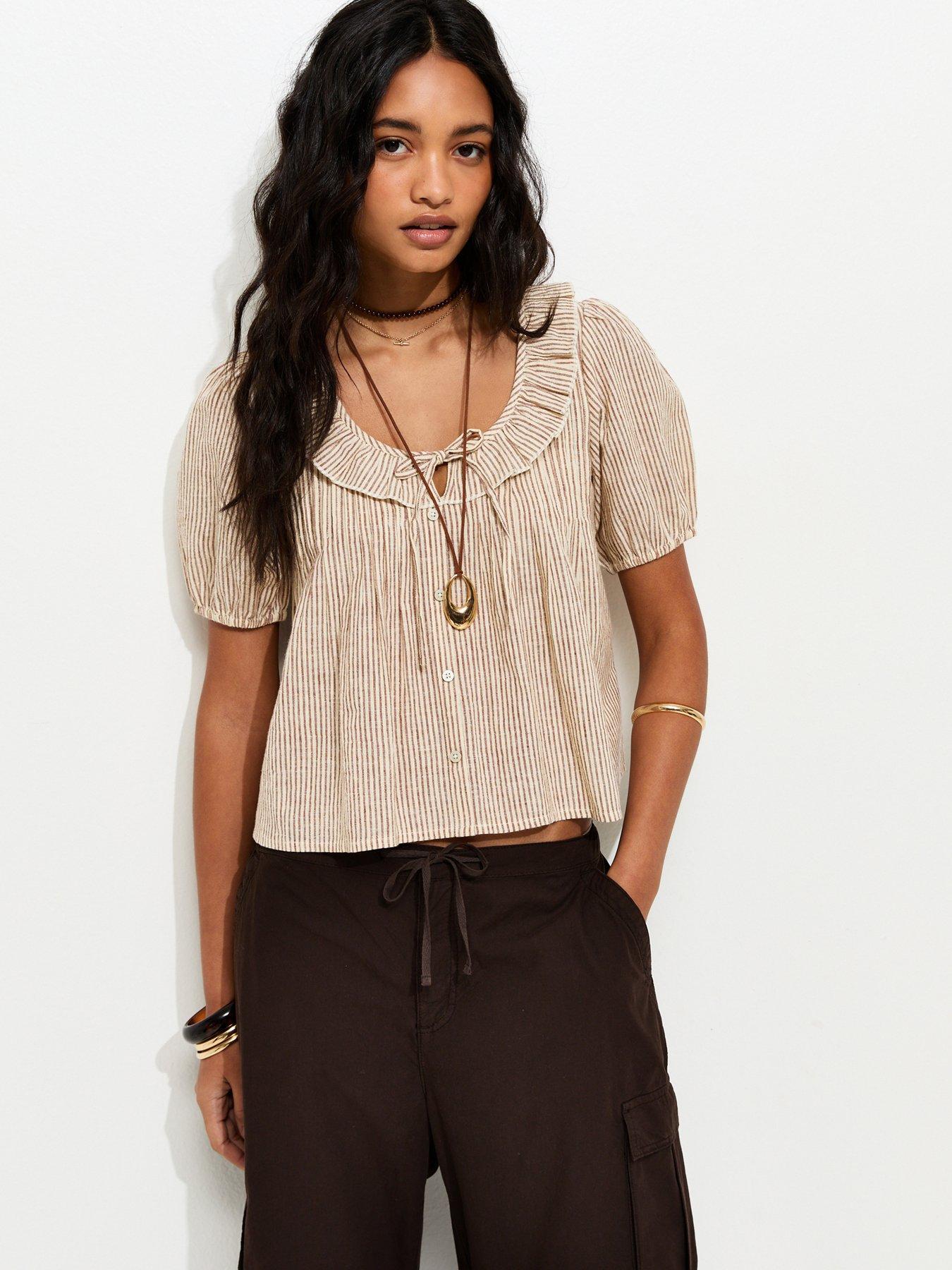 New Look Striped Frill Neckline Blouse - Brown