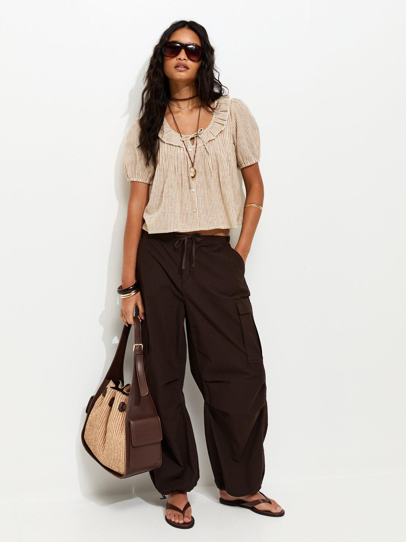 Image 3 of 5 of New Look Striped Frill Neckline Blouse - Brown