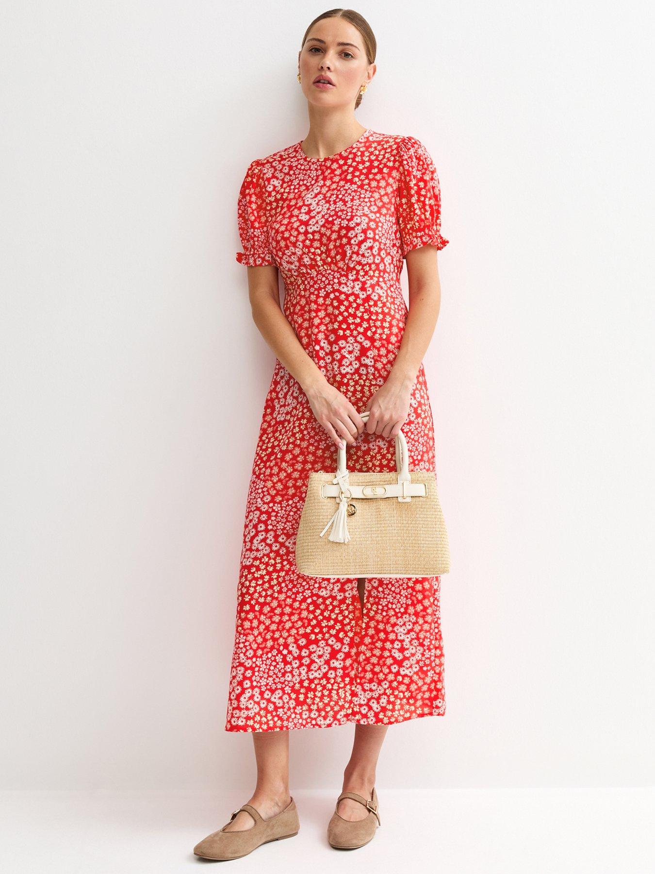 New Look Crepe Floral Print Mix Short Sleeve Midi Dress - Red | Littlewoods