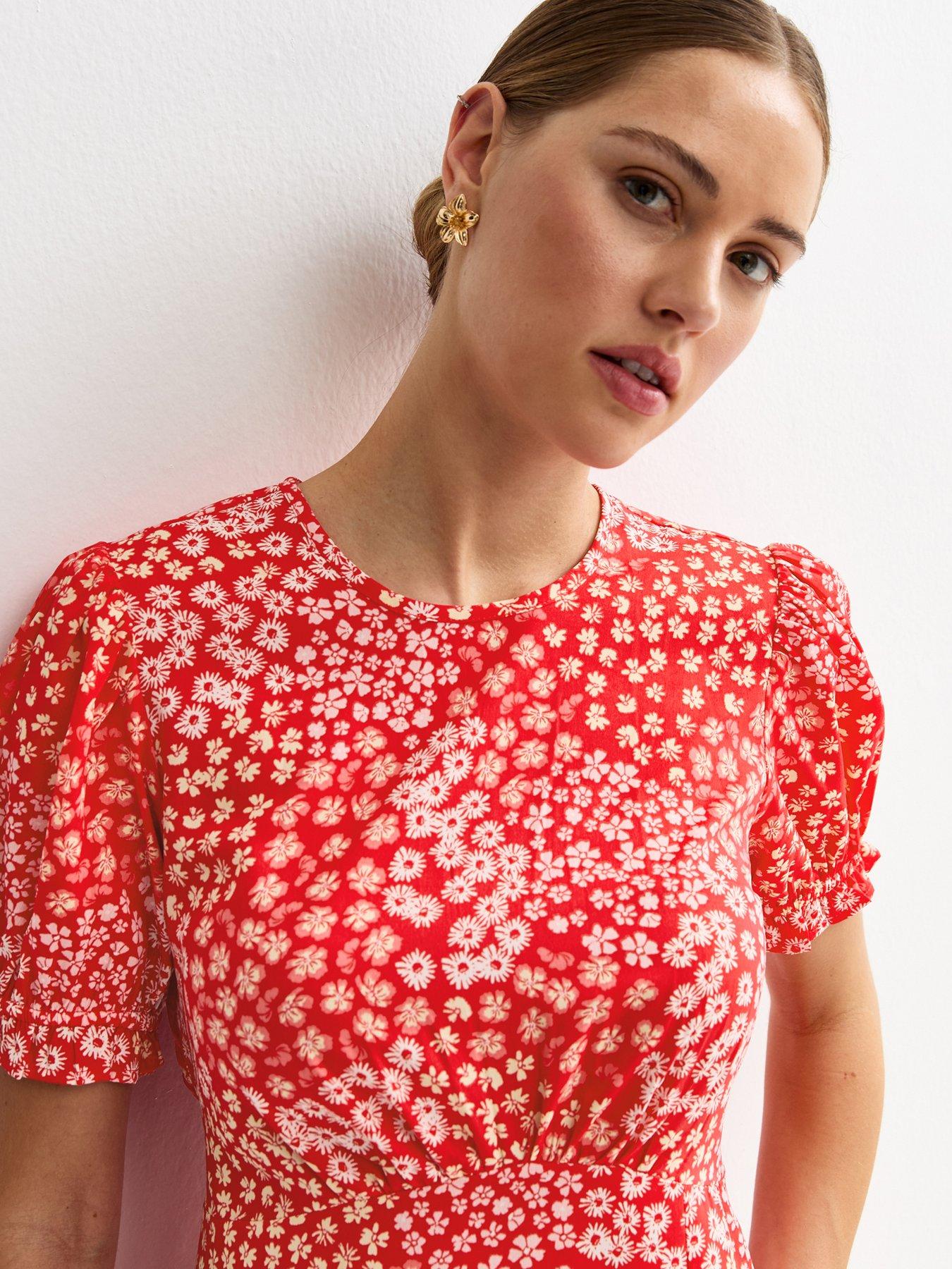  image of new-look-crepe-floral-print-mix-short-sleeve-midi-dress-red