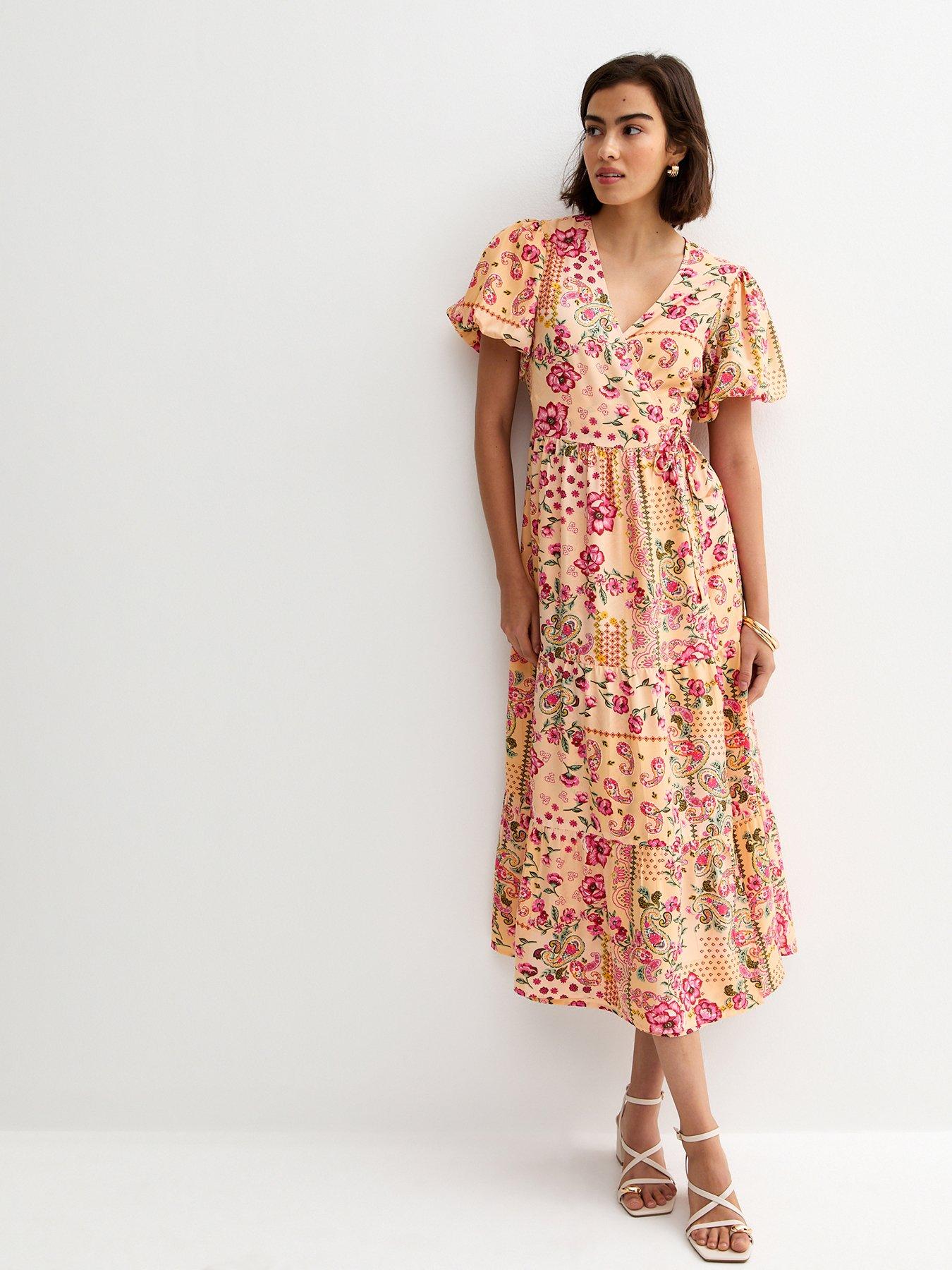 New Look Crepe Patch Print Wrap Midi Dress - Pink