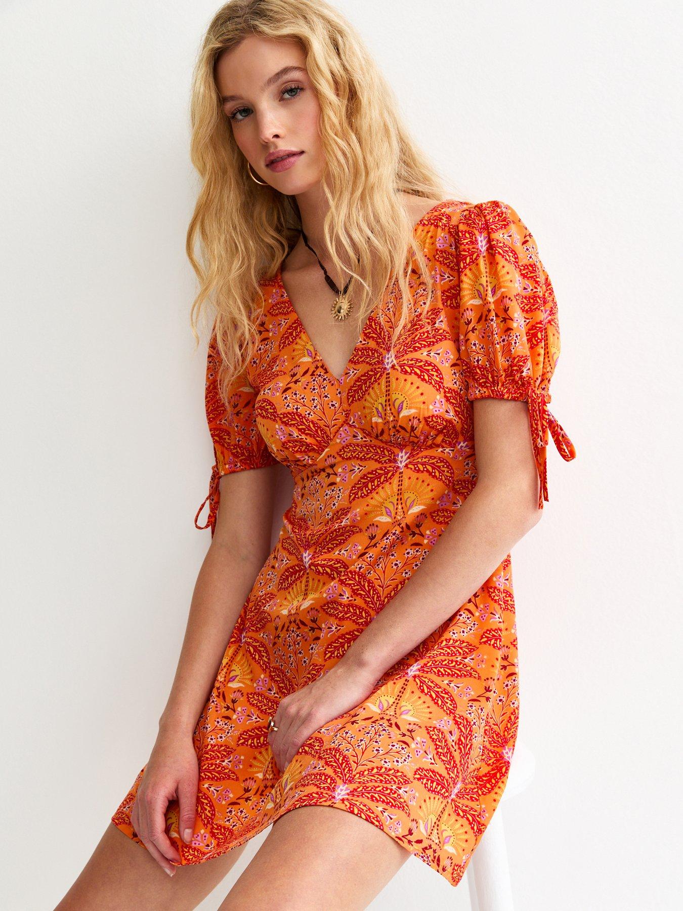 front image of new-look-patterned-tie-sleeve-mini-dress-orange
