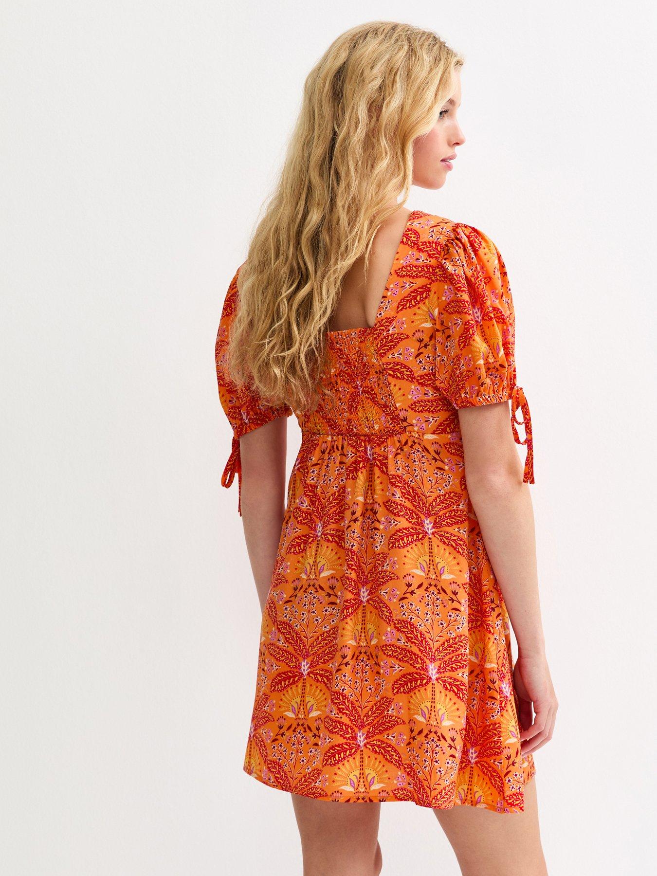  image of new-look-patterned-tie-sleeve-mini-dress-orange