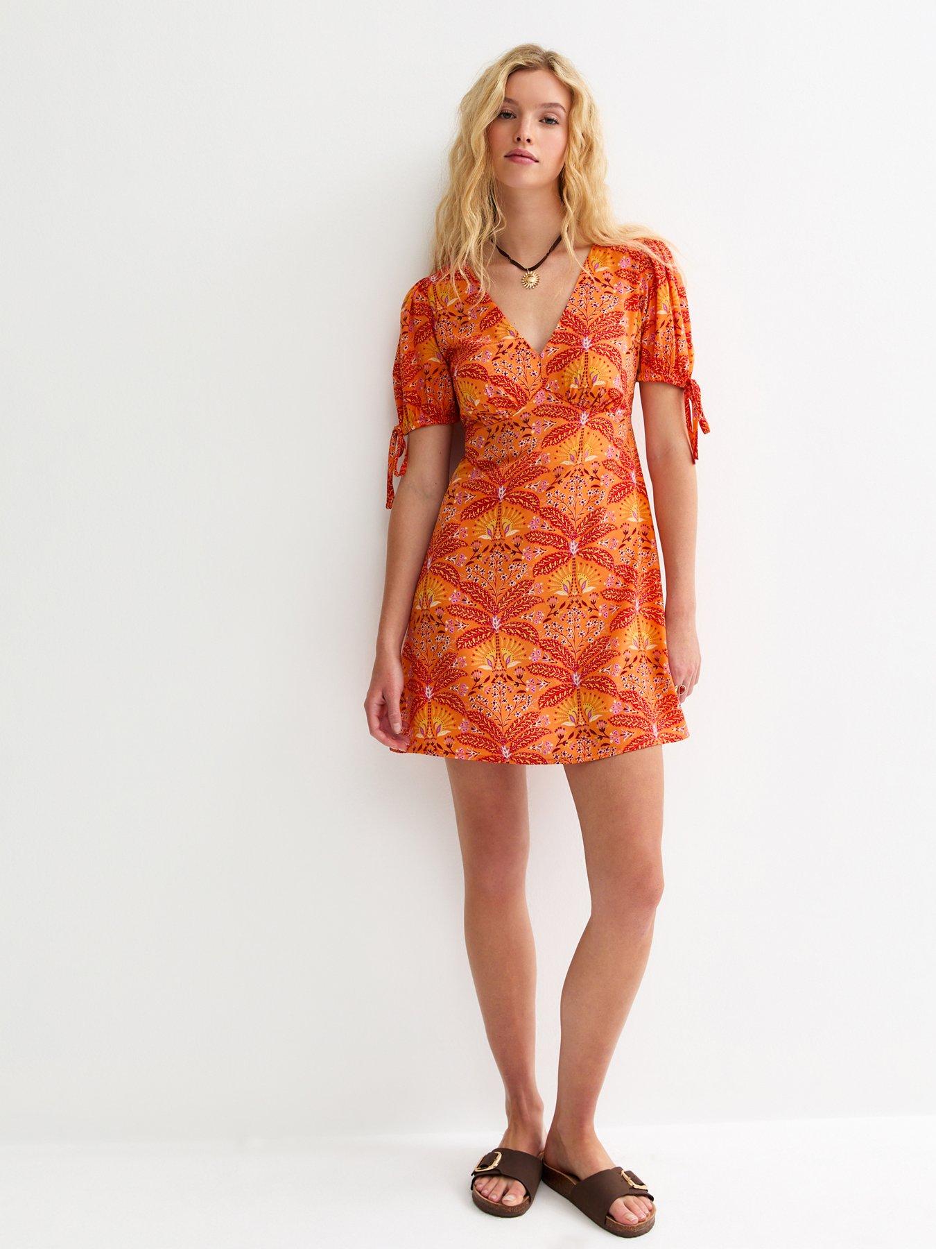  image of new-look-patterned-tie-sleeve-mini-dress-orange