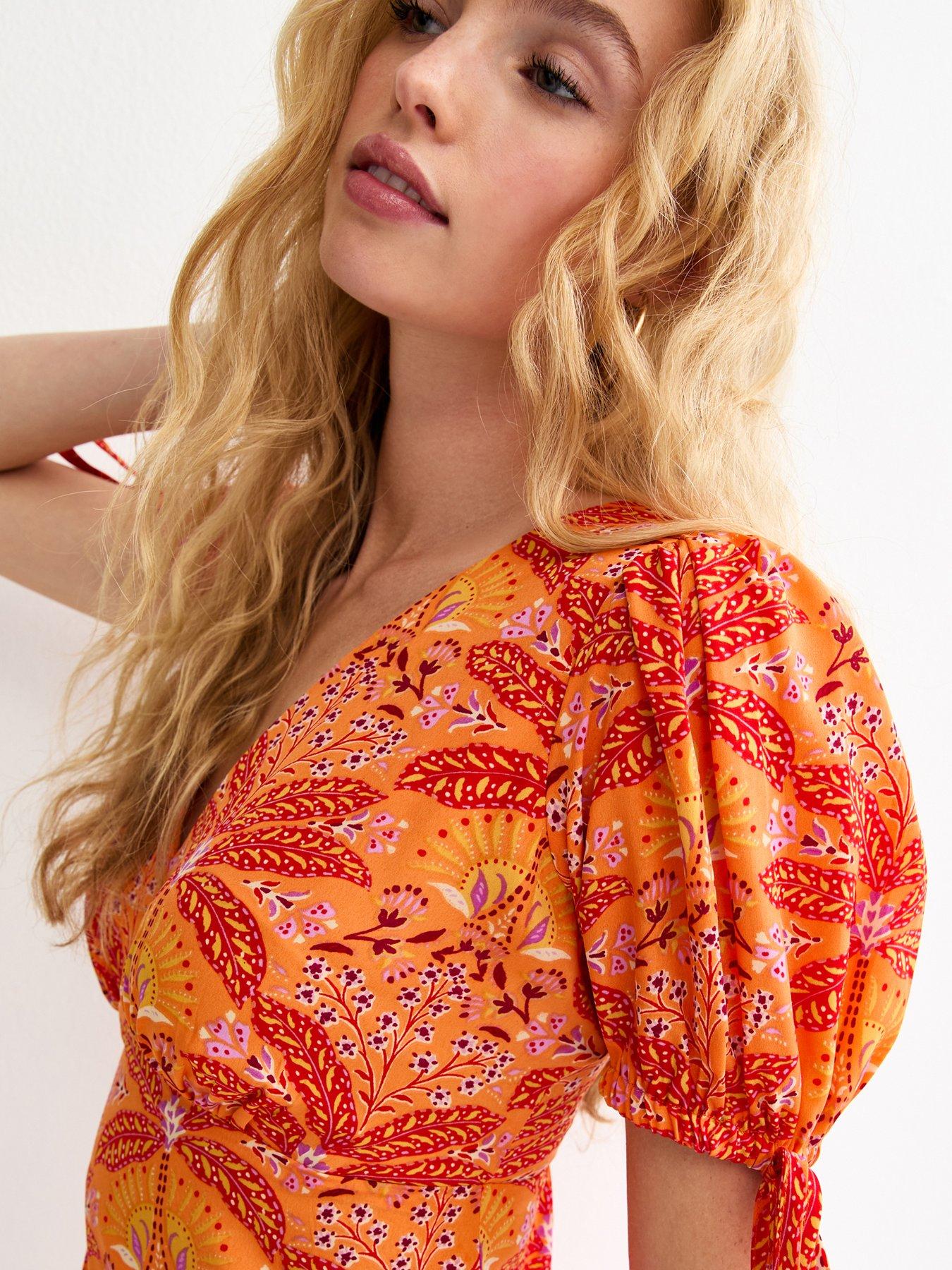  image of new-look-patterned-tie-sleeve-mini-dress-orange