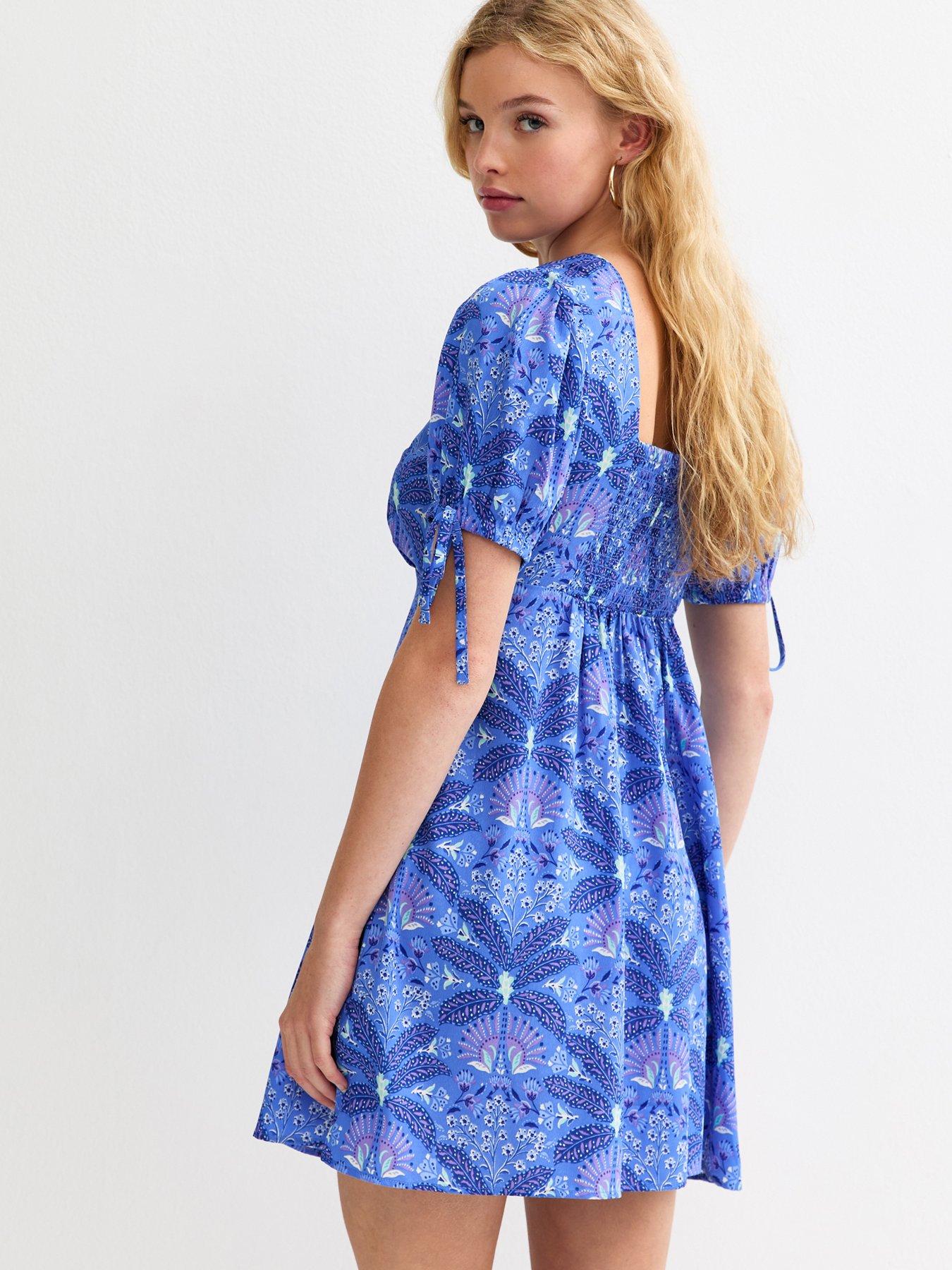 Image 2 of 5 of New Look Patterned Tie Sleeve Mini Dress - Blue