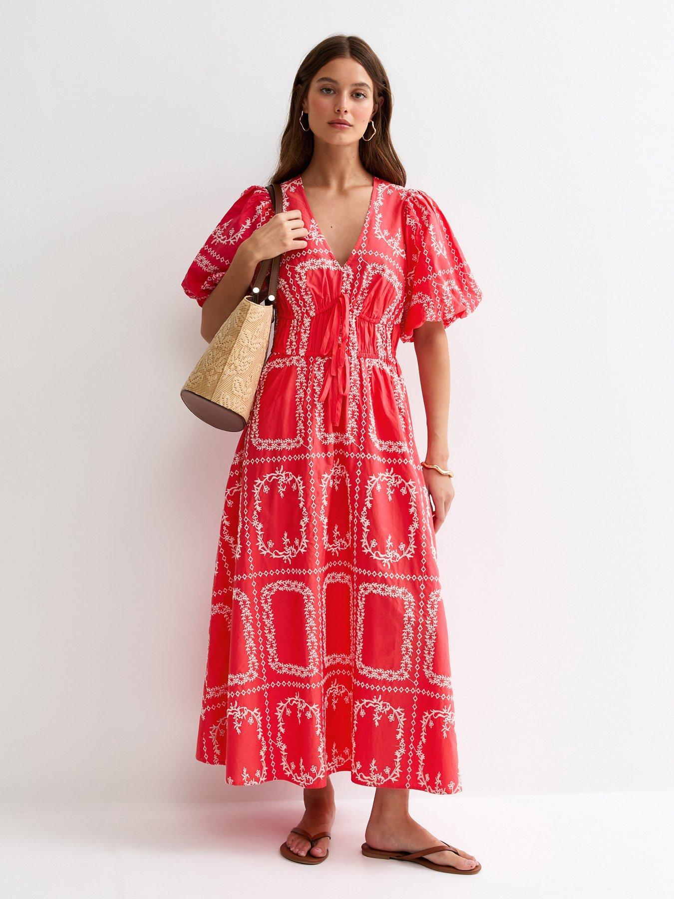 New Look Embroidered Puff Sleeve Midi Dress - Pink/White
