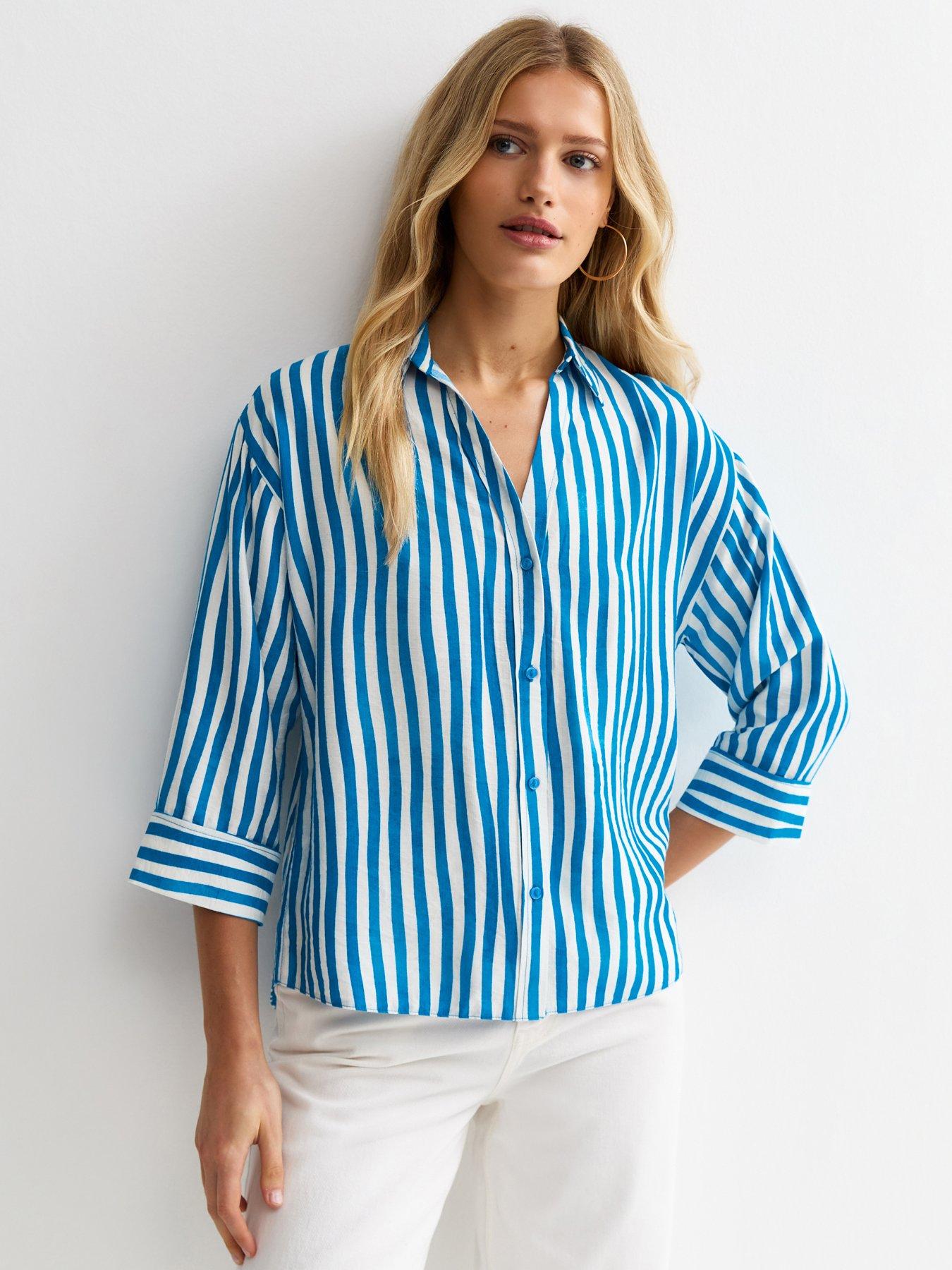 New Look Striped 3/4 Sleeve Shirt - Blue