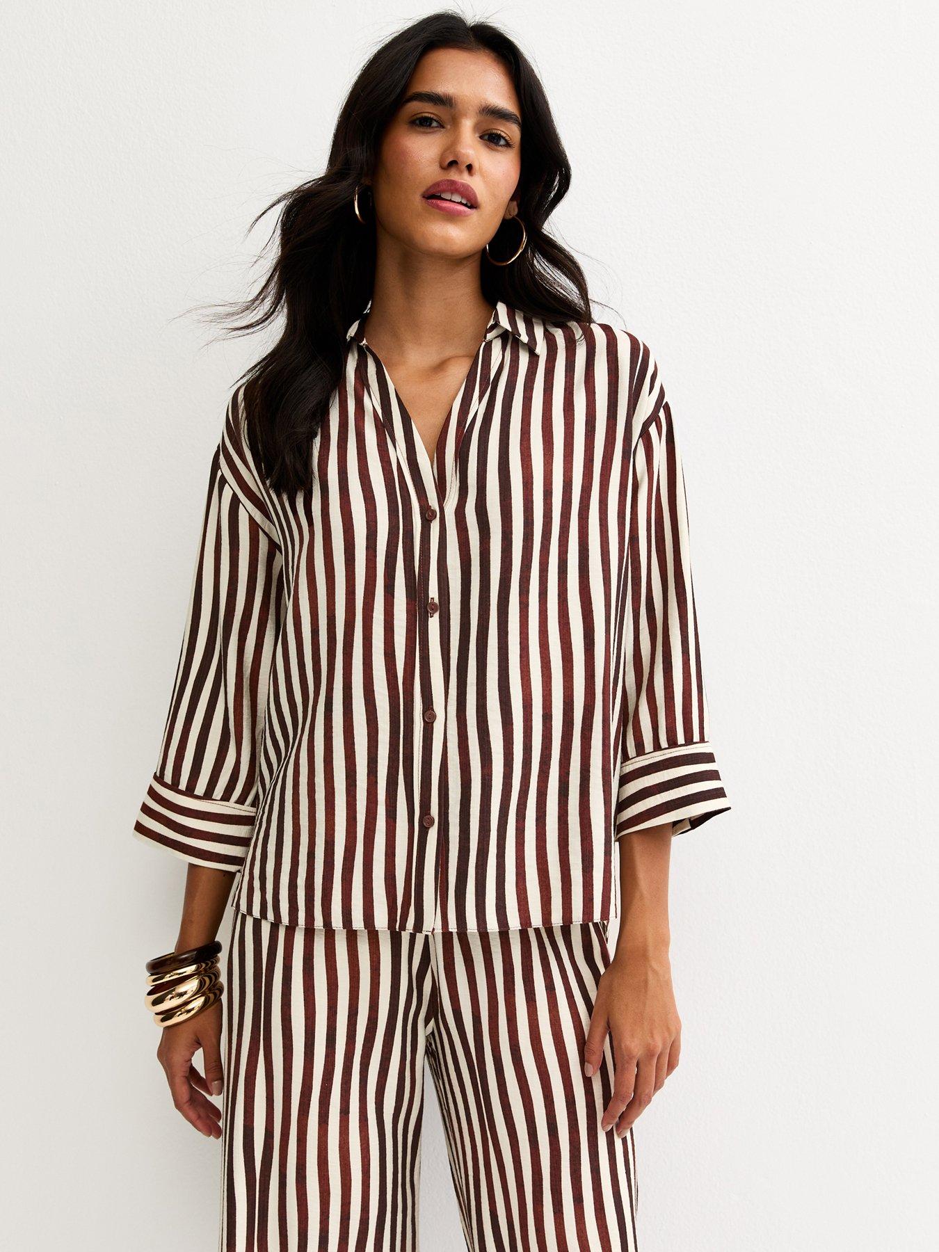 New Look Striped 3/4 Sleeve Shirt - Dark Brown