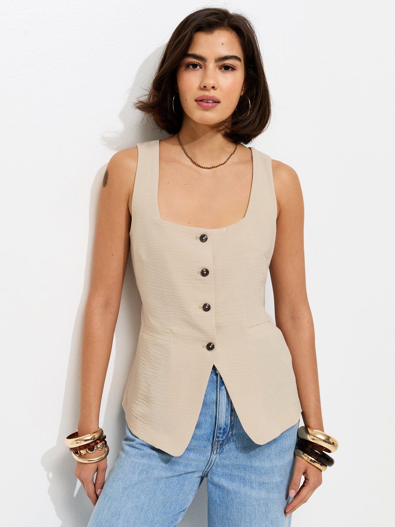 New Look Square Neck Button Down Waistcoat - Stone
