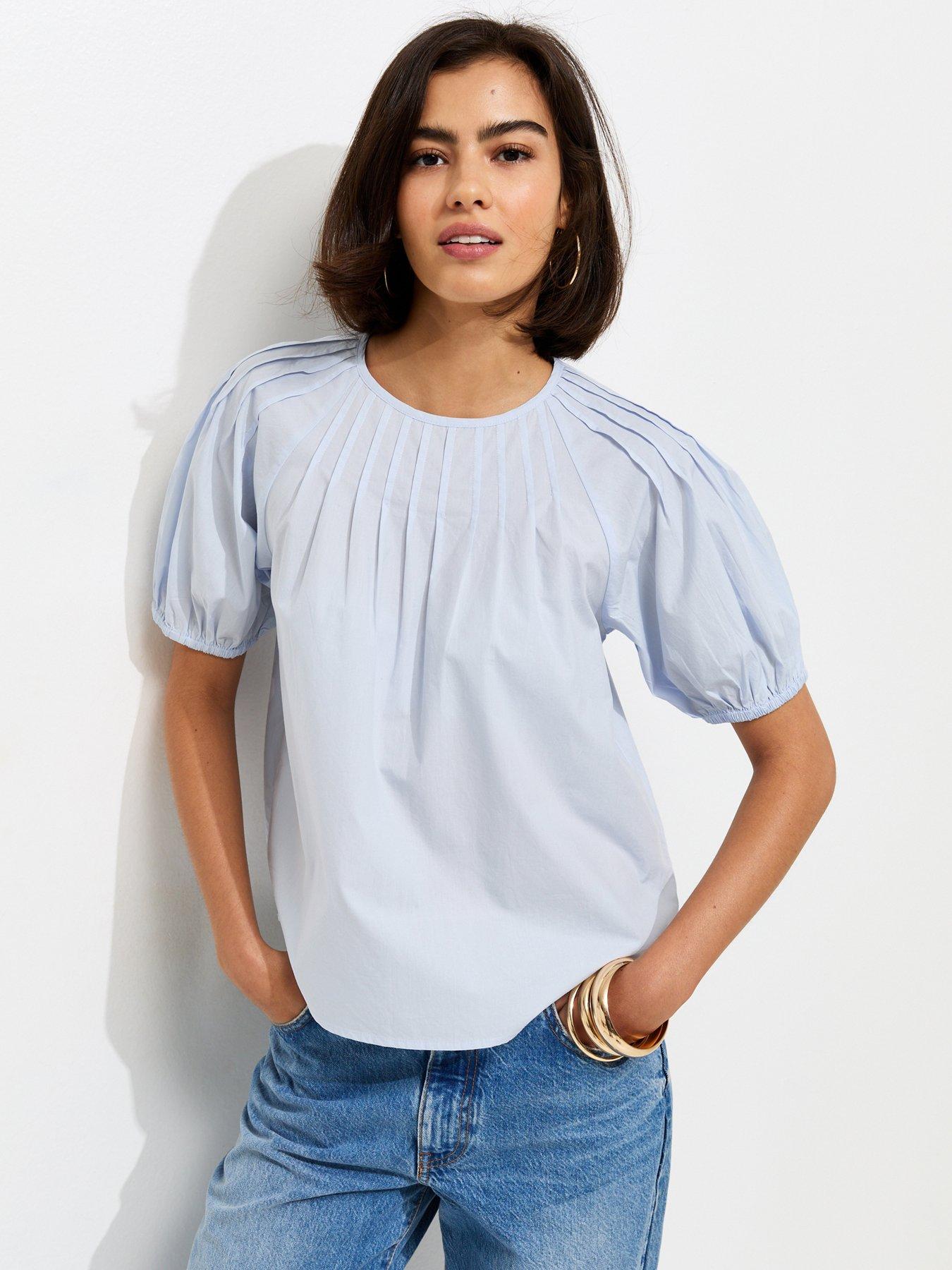 New Look Pintuck Poplin Blouse - Light Blue