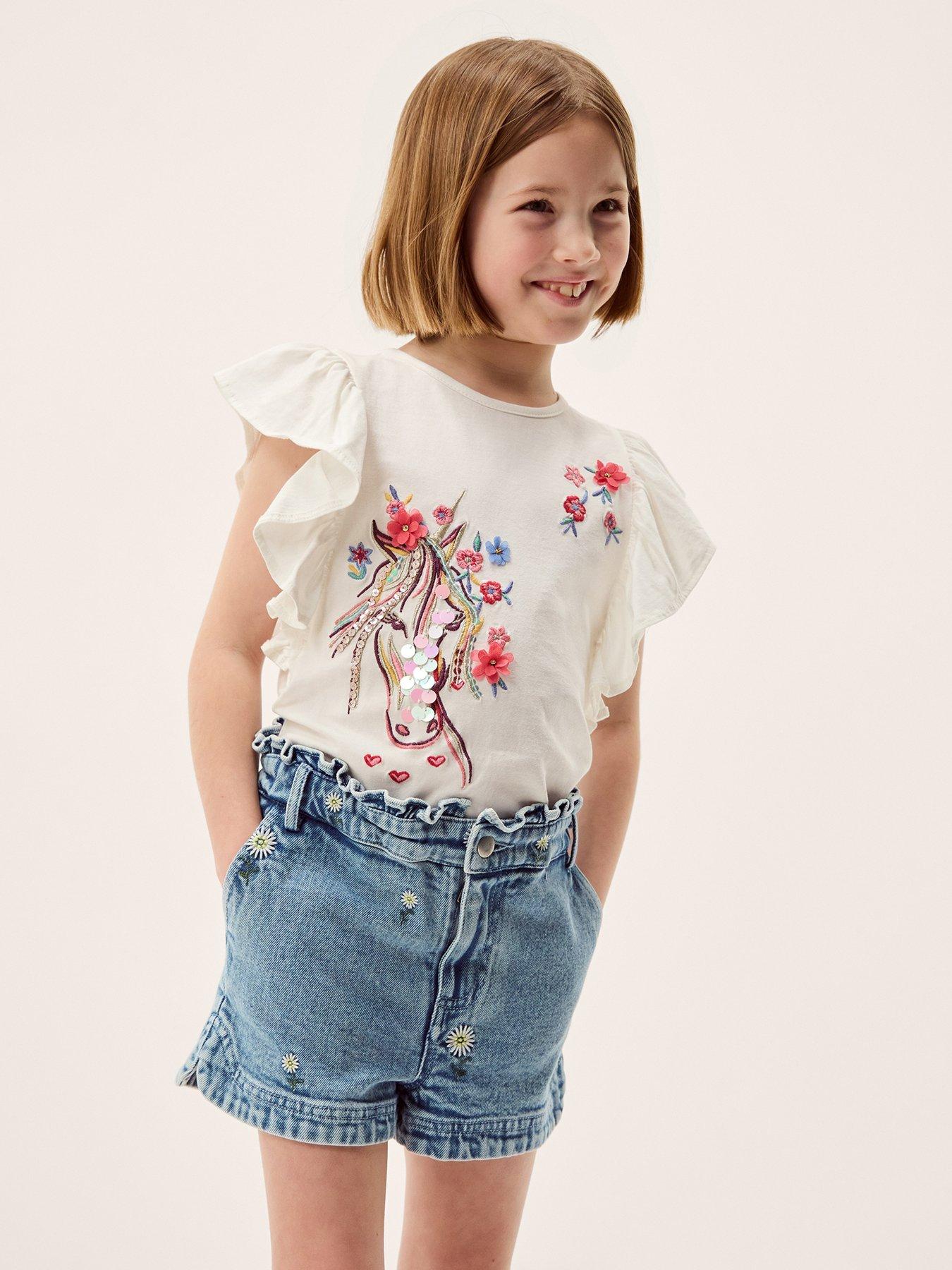 Monsoon Girls Daisy Embroidered Denim Shorts - Blue