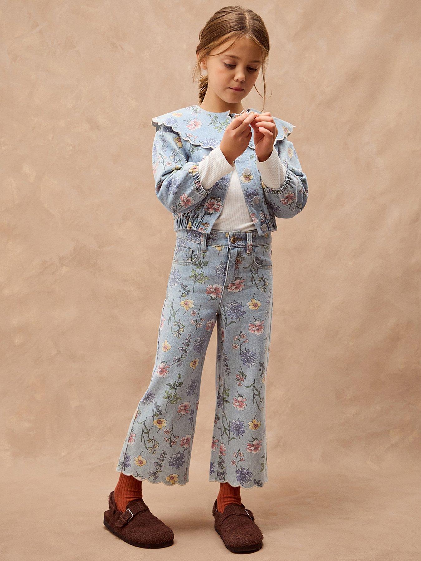 Monsoon Girls Floral Scallop Denim Jeans - Blue