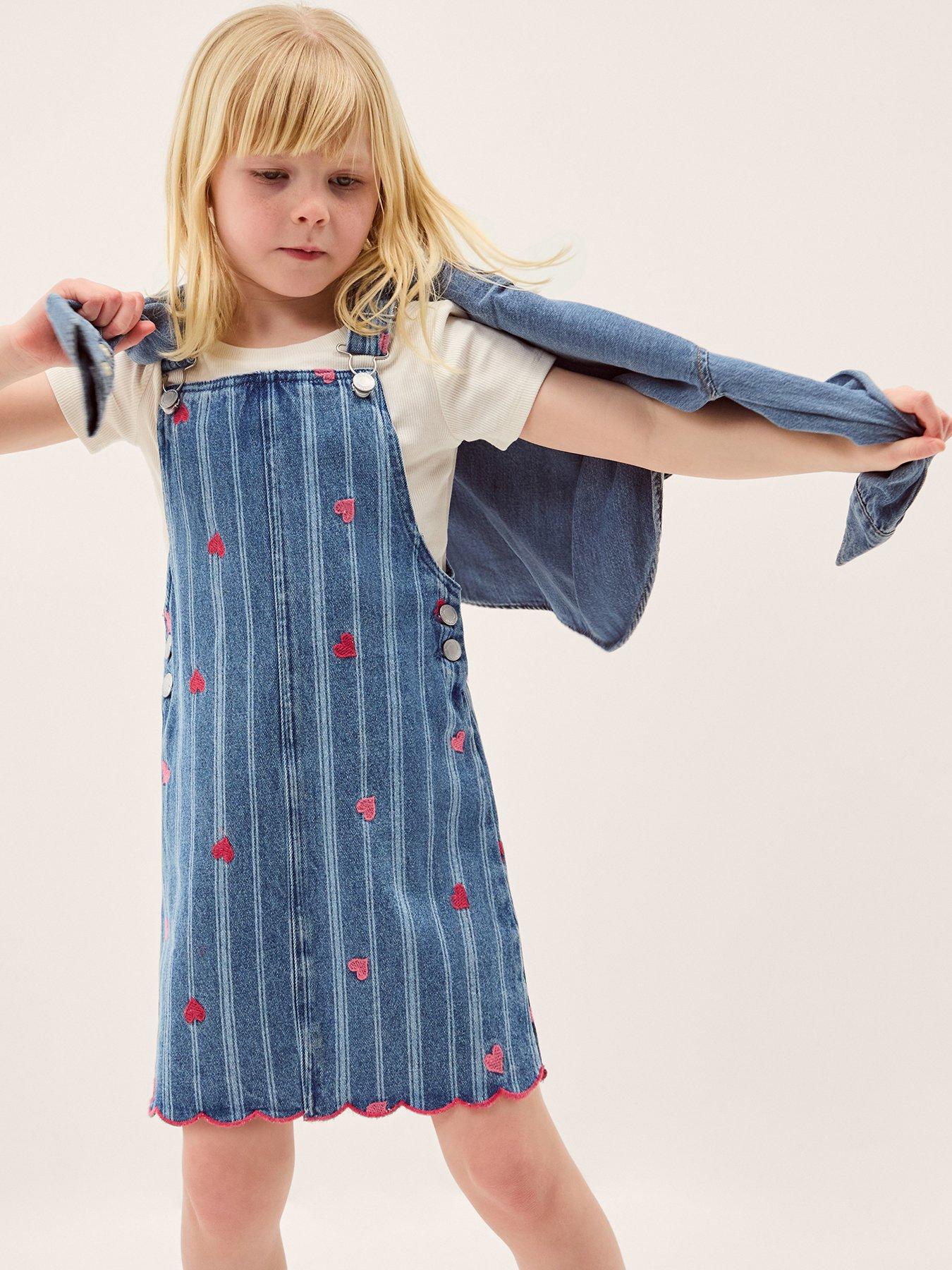Monsoon Girls Stripe Heart Denim Pinny - Blue