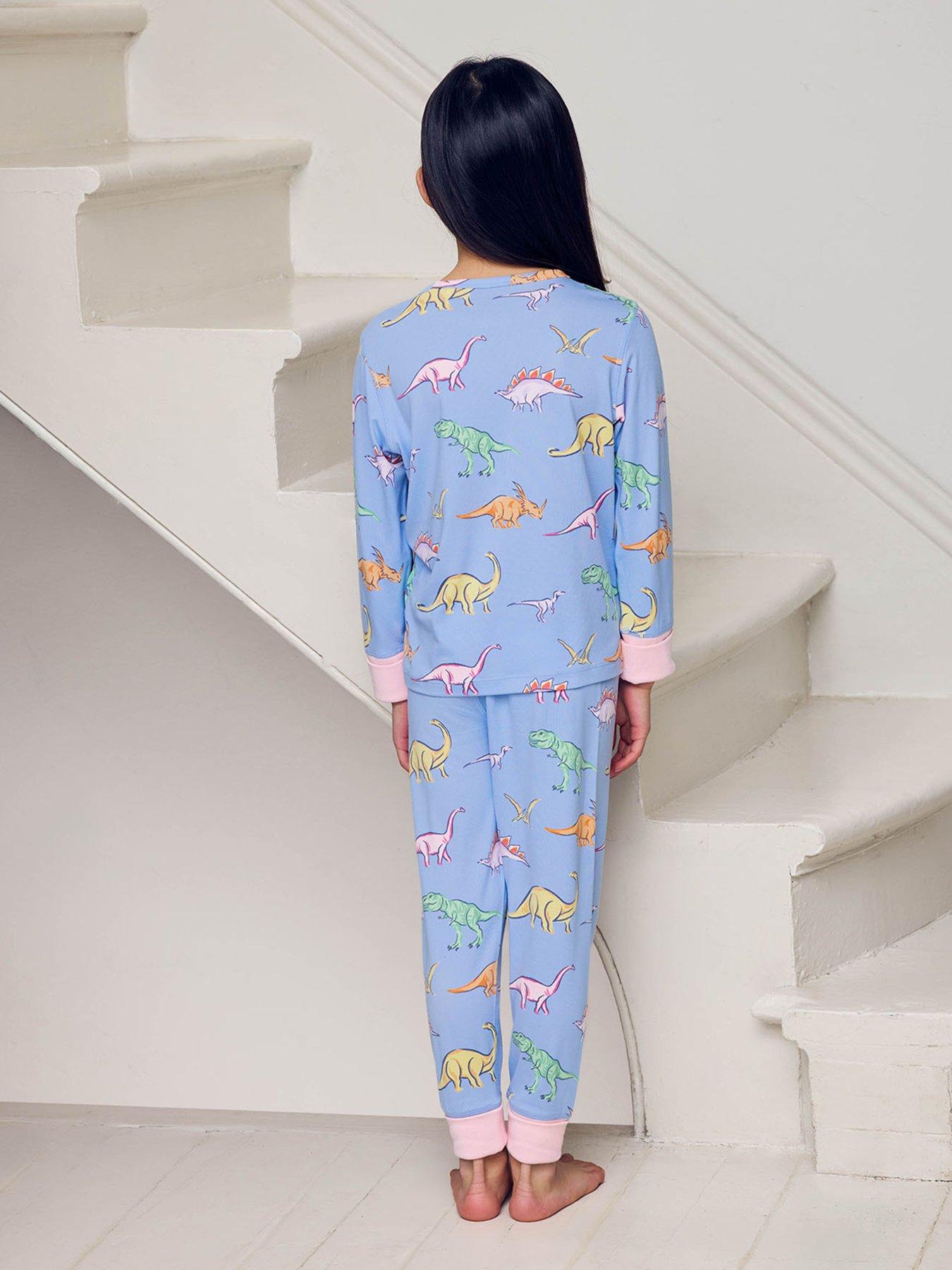 Image 3 of 7 of CHELSEA PEERS Kids Dinosaurs Long Sleeve Crew Neck Pyjamas - Blue