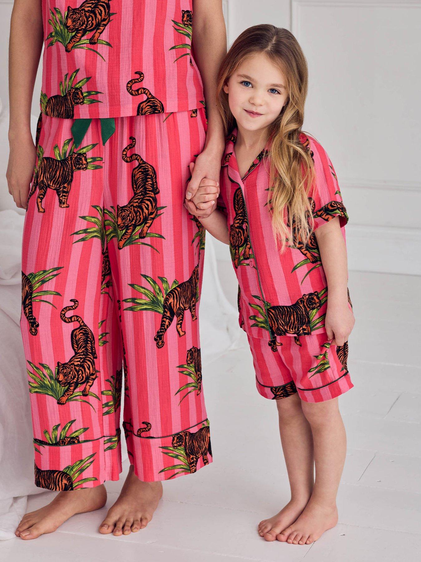 CHELSEA PEERS Kids Mini Me Tiger Cheesecloth Striped Shortie Pyjamas - Pink