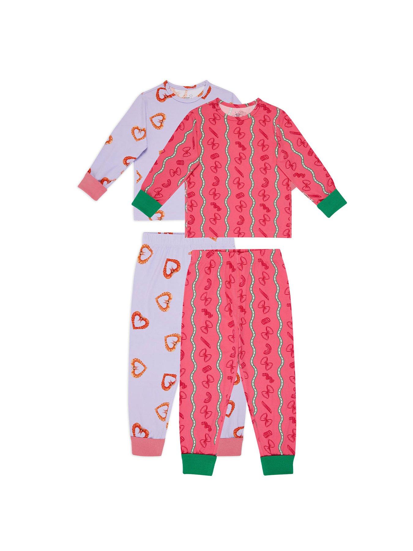 Image 1 of 5 of CHELSEA PEERS Kids 2 Pack Pasta Stripe / Shrimp Heart Print Long Pyjama Sets - Pink
