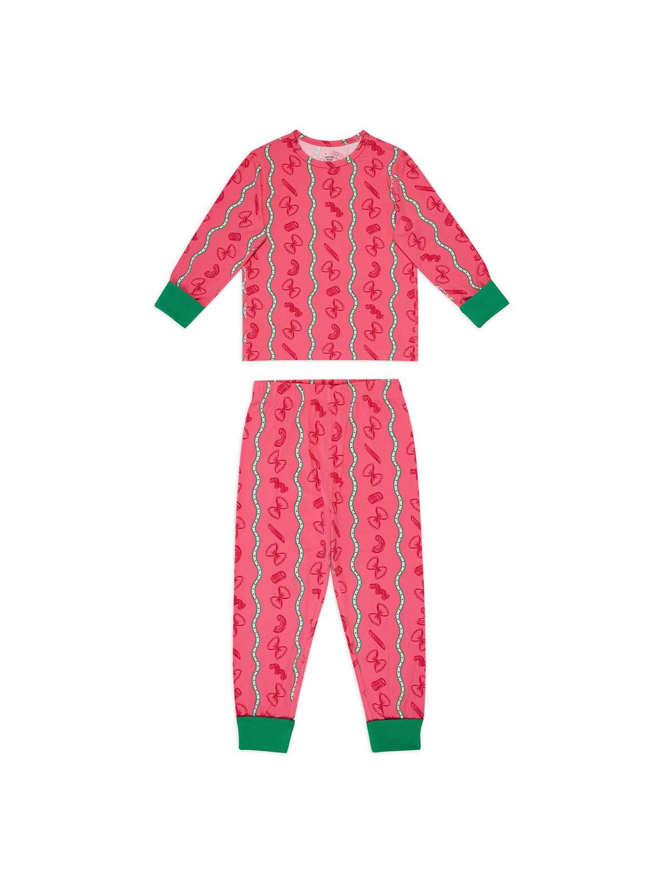 Image 2 of 5 of CHELSEA PEERS Kids 2 Pack Pasta Stripe / Shrimp Heart Print Long Pyjama Sets - Pink