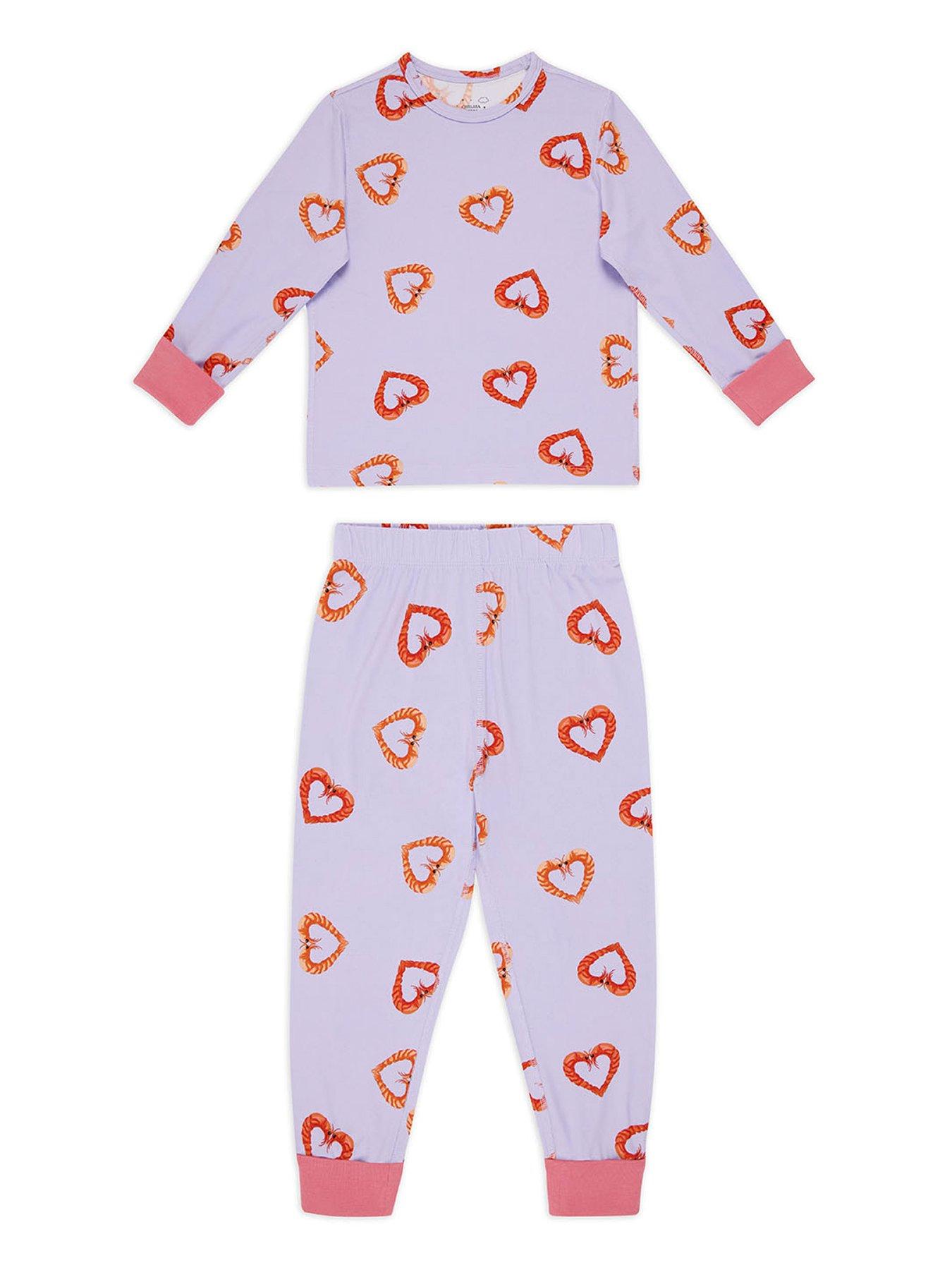 Image 3 of 5 of CHELSEA PEERS Kids 2 Pack Pasta Stripe / Shrimp Heart Print Long Pyjama Sets - Pink