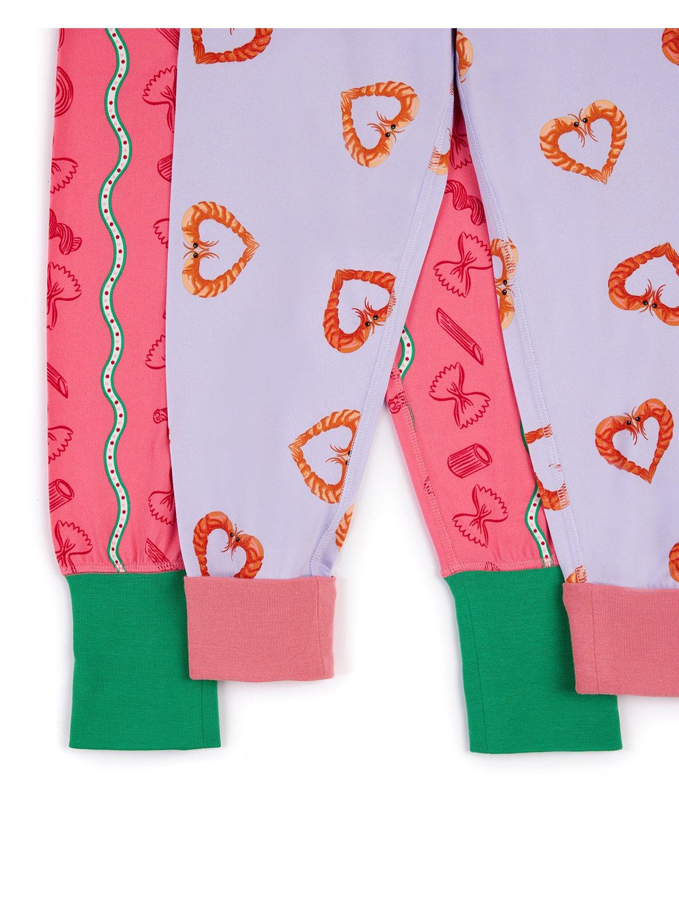 Image 5 of 5 of CHELSEA PEERS Kids 2 Pack Pasta Stripe / Shrimp Heart Print Long Pyjama Sets - Pink