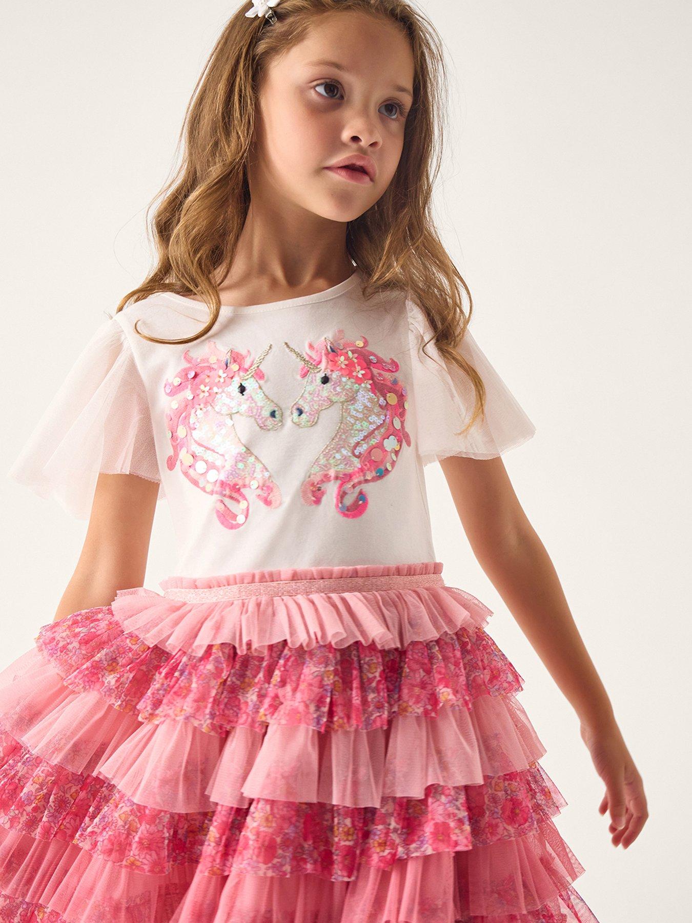 Monsoon Girls Short Sleeve Unicorn Disco Ditsy Dress - Pink