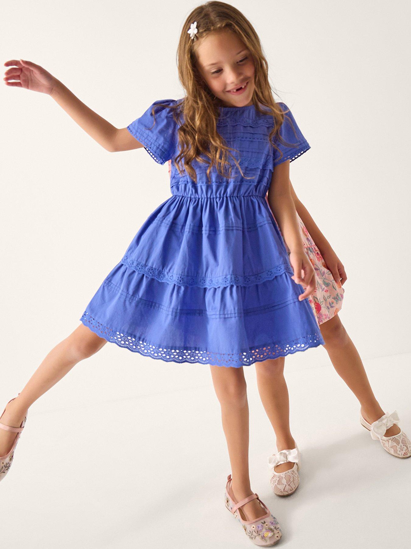 Monsoon Girls Poplin Pleat Dress - Blue
