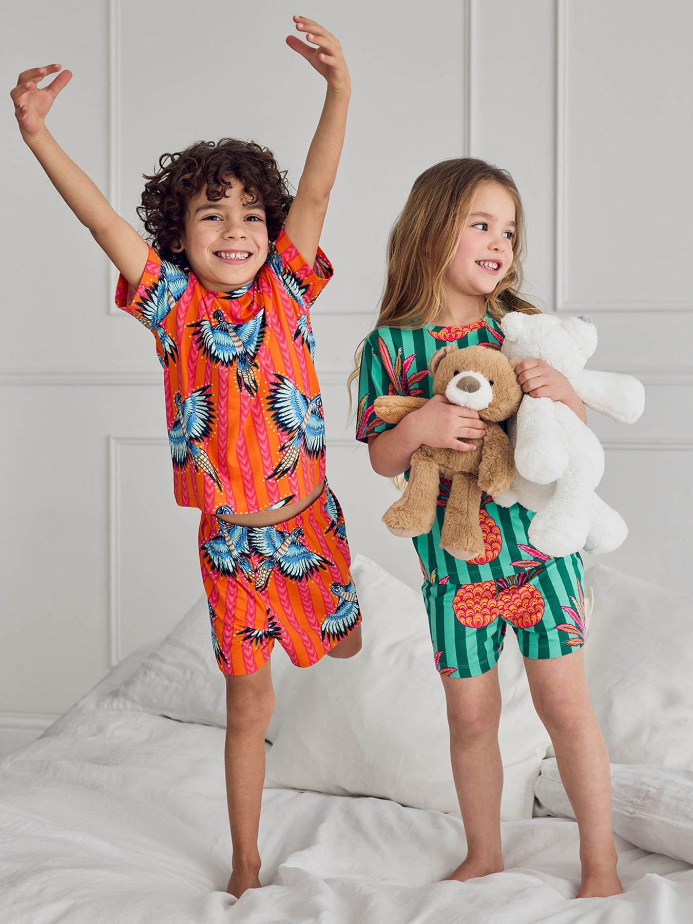 CHELSEA PEERS Kids Mini Me 2 Pack Parrot Stripe Print Shorty Pyjamas - Orange