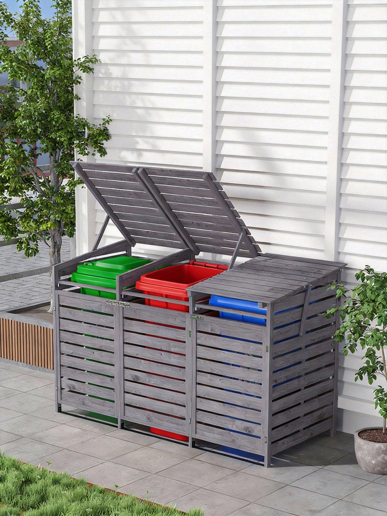 Image 1 of 7 of Living and Home 3-Door Outdoor Spruce Wood Garbage Can Storage Shed Grey