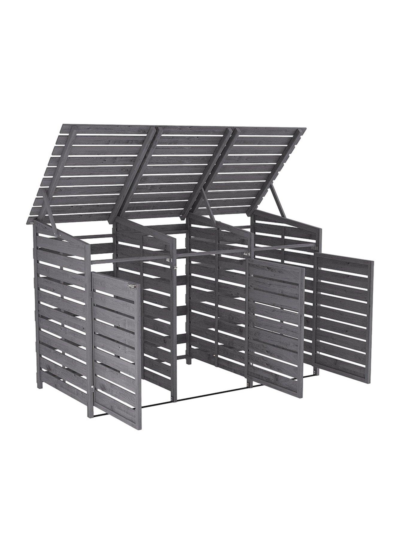 Image 3 of 7 of Living and Home 3-Door Outdoor Spruce Wood Garbage Can Storage Shed Grey