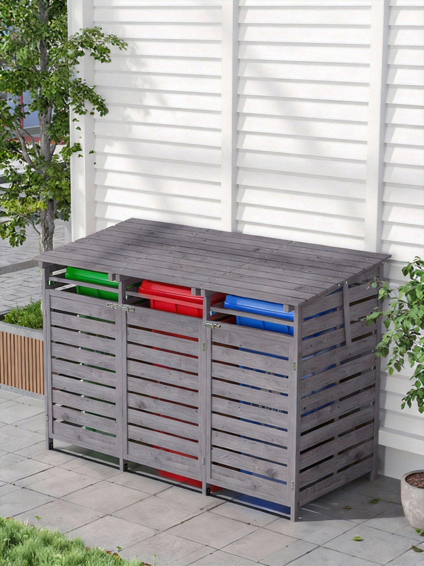 Image 4 of 7 of Living and Home 3-Door Outdoor Spruce Wood Garbage Can Storage Shed Grey
