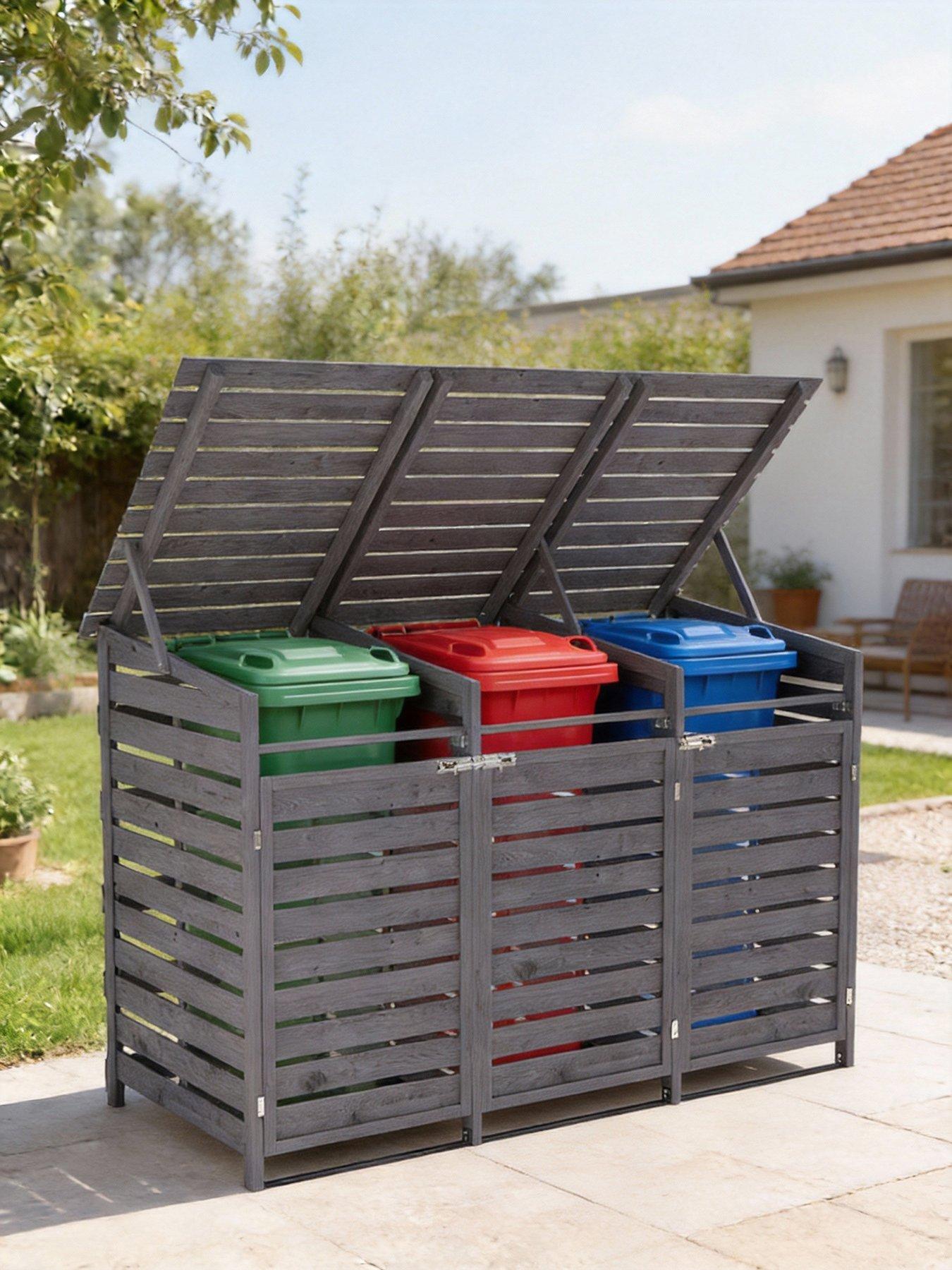 Image 5 of 7 of Living and Home 3-Door Outdoor Spruce Wood Garbage Can Storage Shed Grey