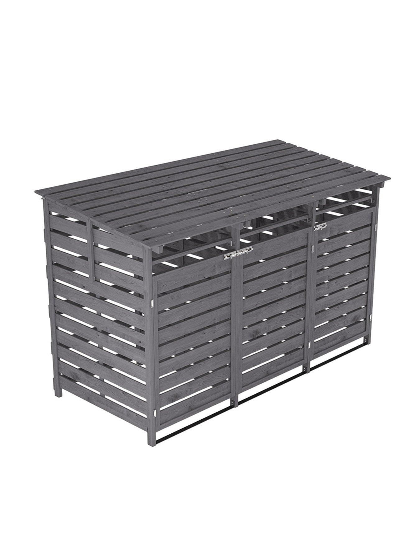 Image 6 of 7 of Living and Home 3-Door Outdoor Spruce Wood Garbage Can Storage Shed Grey