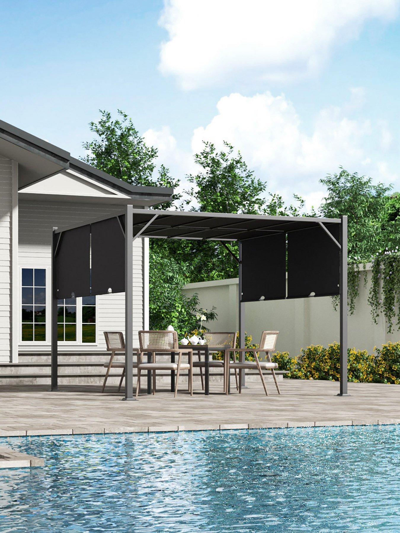 Living and Home Outdoor Retractable Steel Pergola with Canopy Dark Grey
