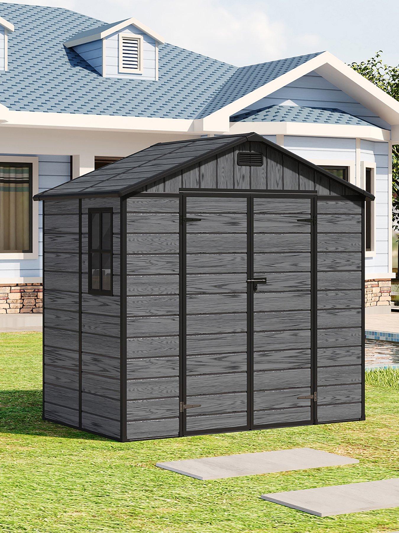 Image 1 of 7 of Living and Home 8x4ft Plastic Grey Wood Grain Garden Storage Apex Shed with Floor
