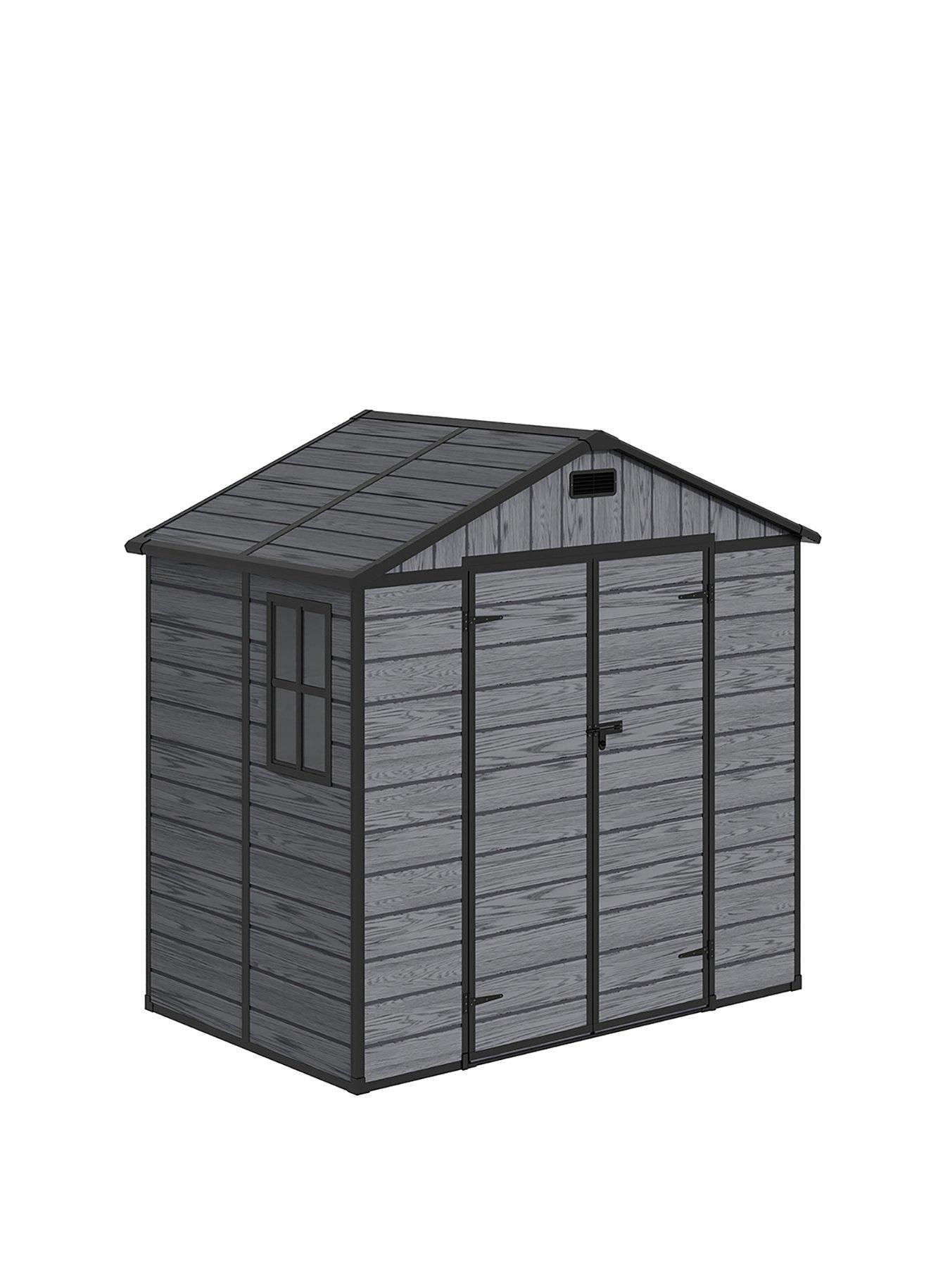 Image 2 of 7 of Living and Home 8x4ft Plastic Grey Wood Grain Garden Storage Apex Shed with Floor