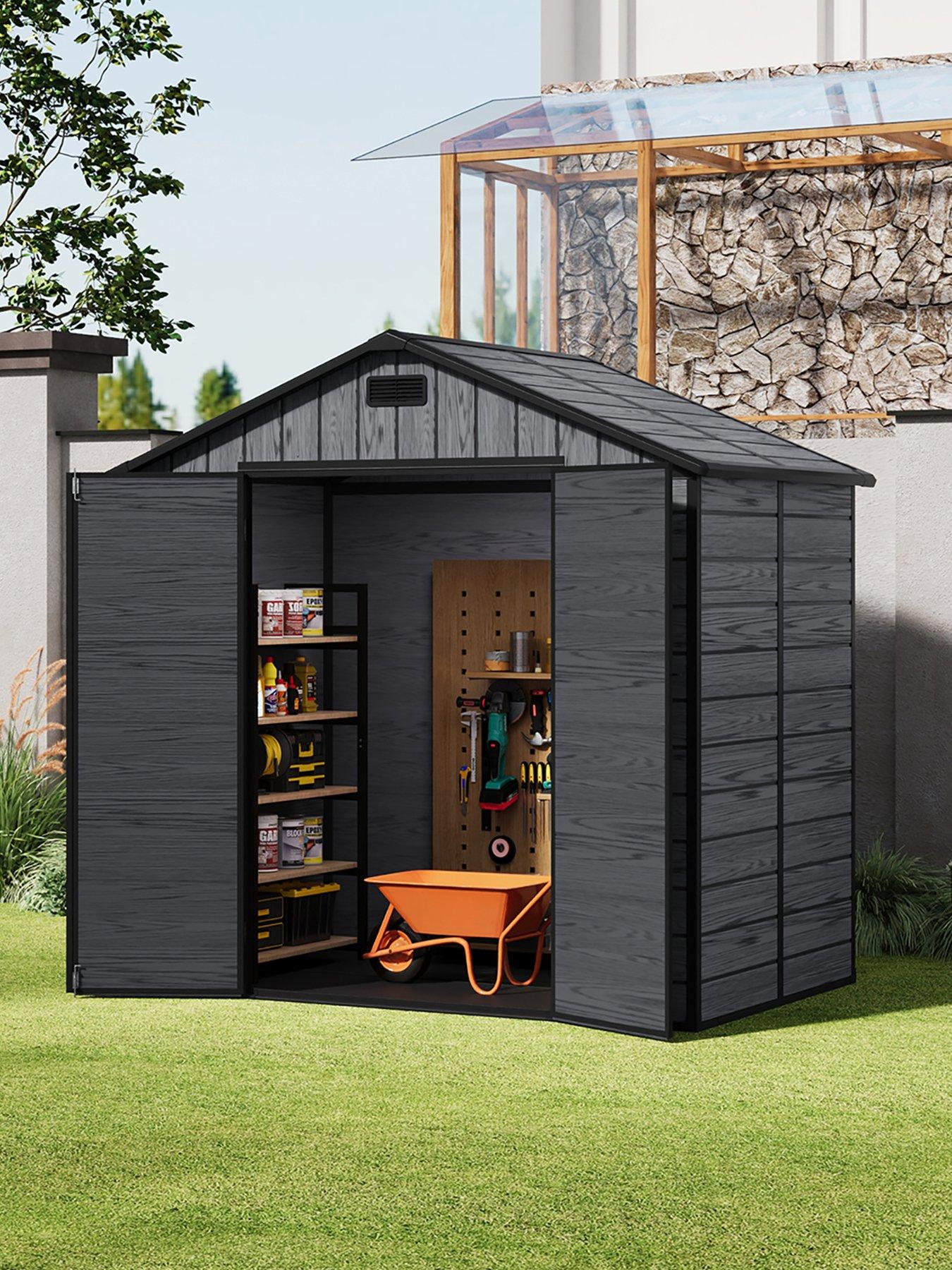 Image 6 of 7 of Living and Home 8x4ft Plastic Grey Wood Grain Garden Storage Apex Shed with Floor