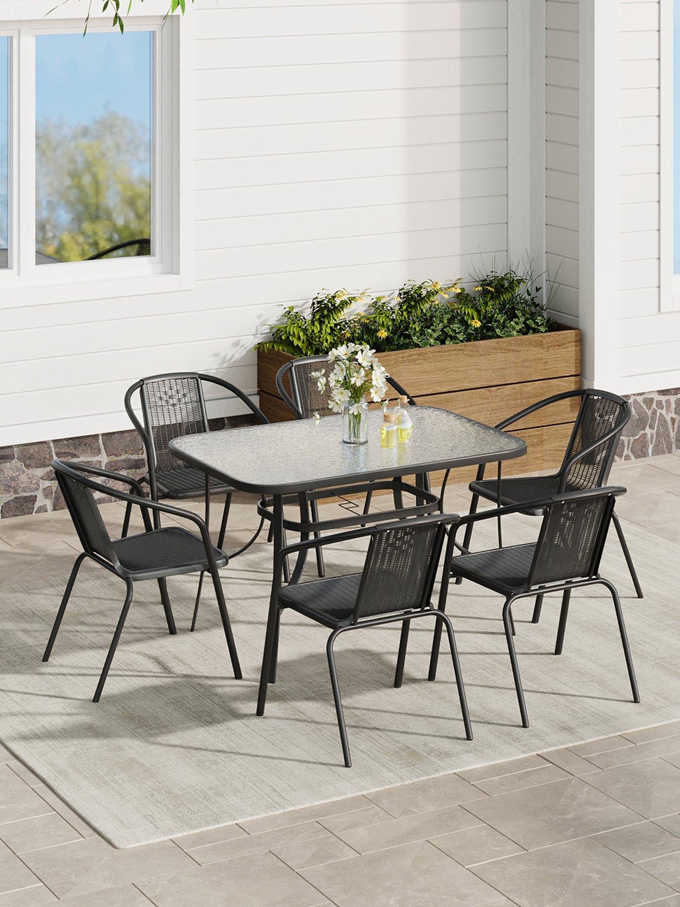 Living and Home Outdoor Tempered Glass Coffee Table with 6 Rattan Chairs