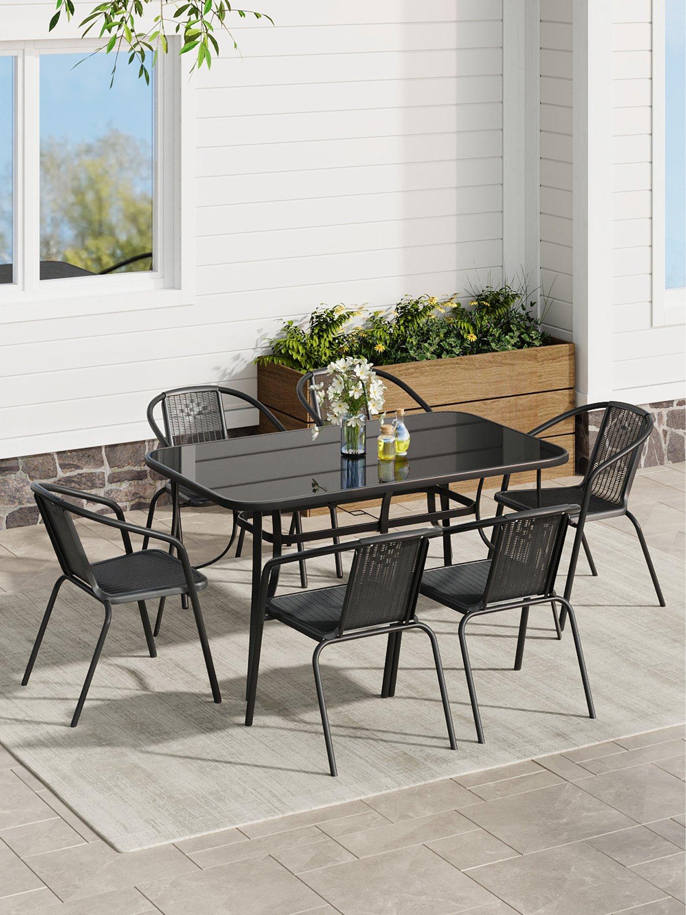 Living and Home Outdoor Trempered Glass Coffee Table with 6 Stackable Chairs