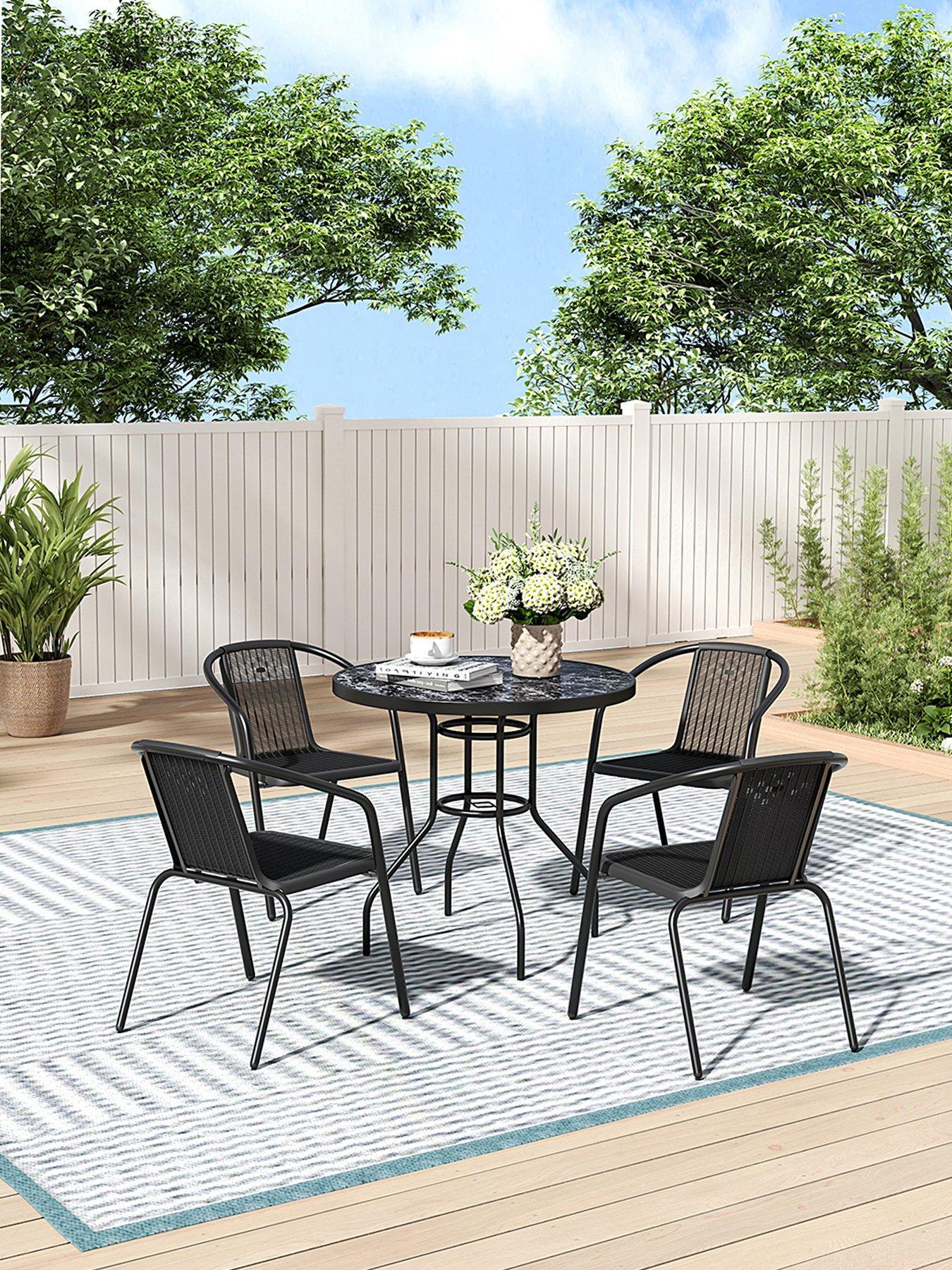 Living and Home Garden Marble Pattern Table with 4 Rattan Stackable Chairs