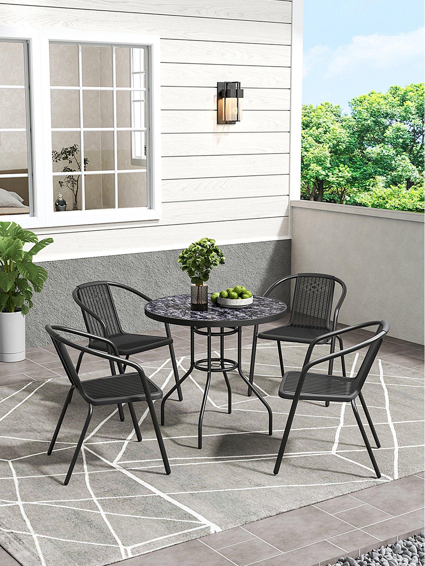 Image 5 of 7 of Living and Home Garden Marble Pattern Table with 4 Rattan Stackable Chairs