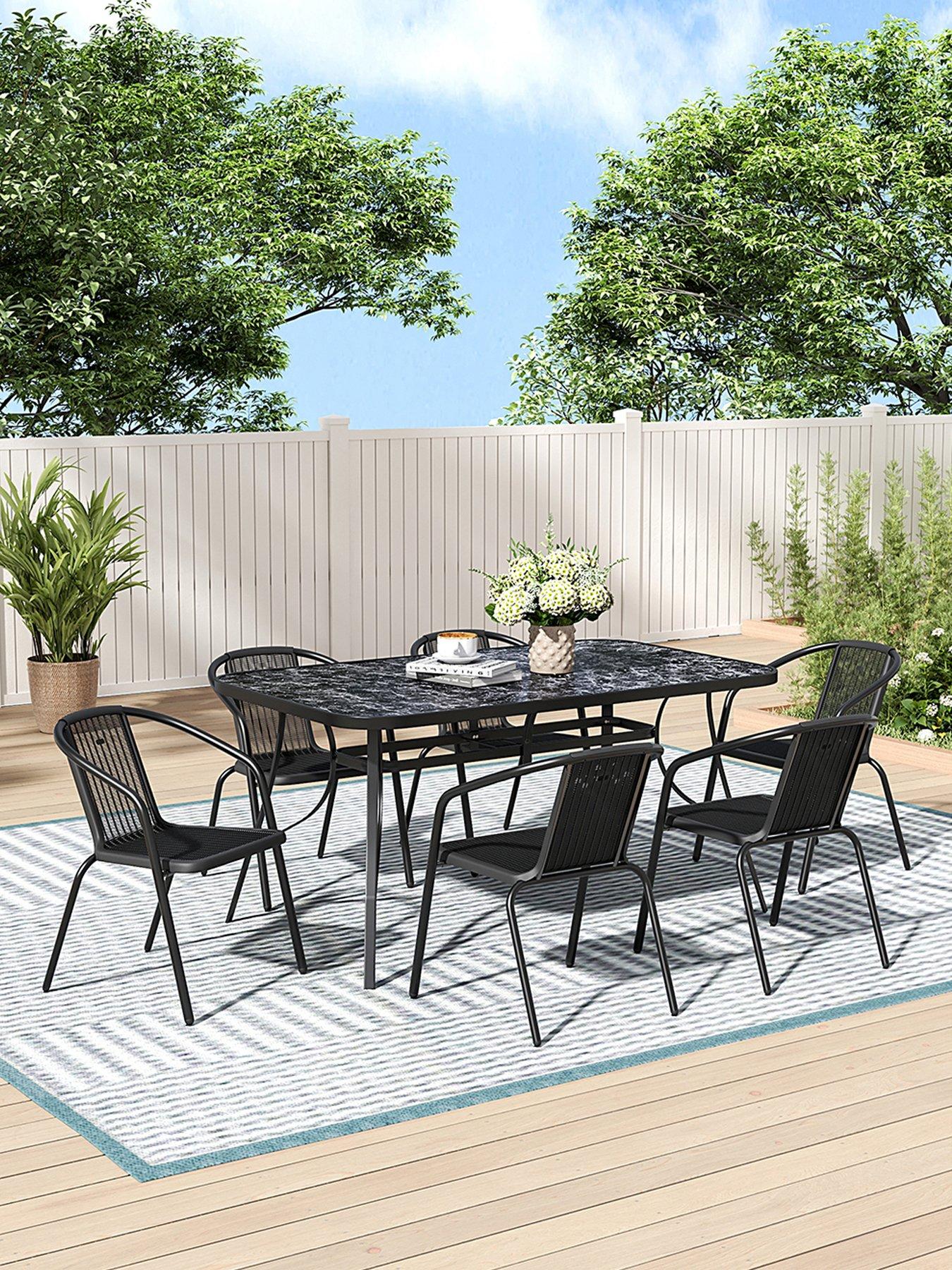  image of living-and-home-garden-marble-pattern-table-with-6-rattan-stackable-chairs
