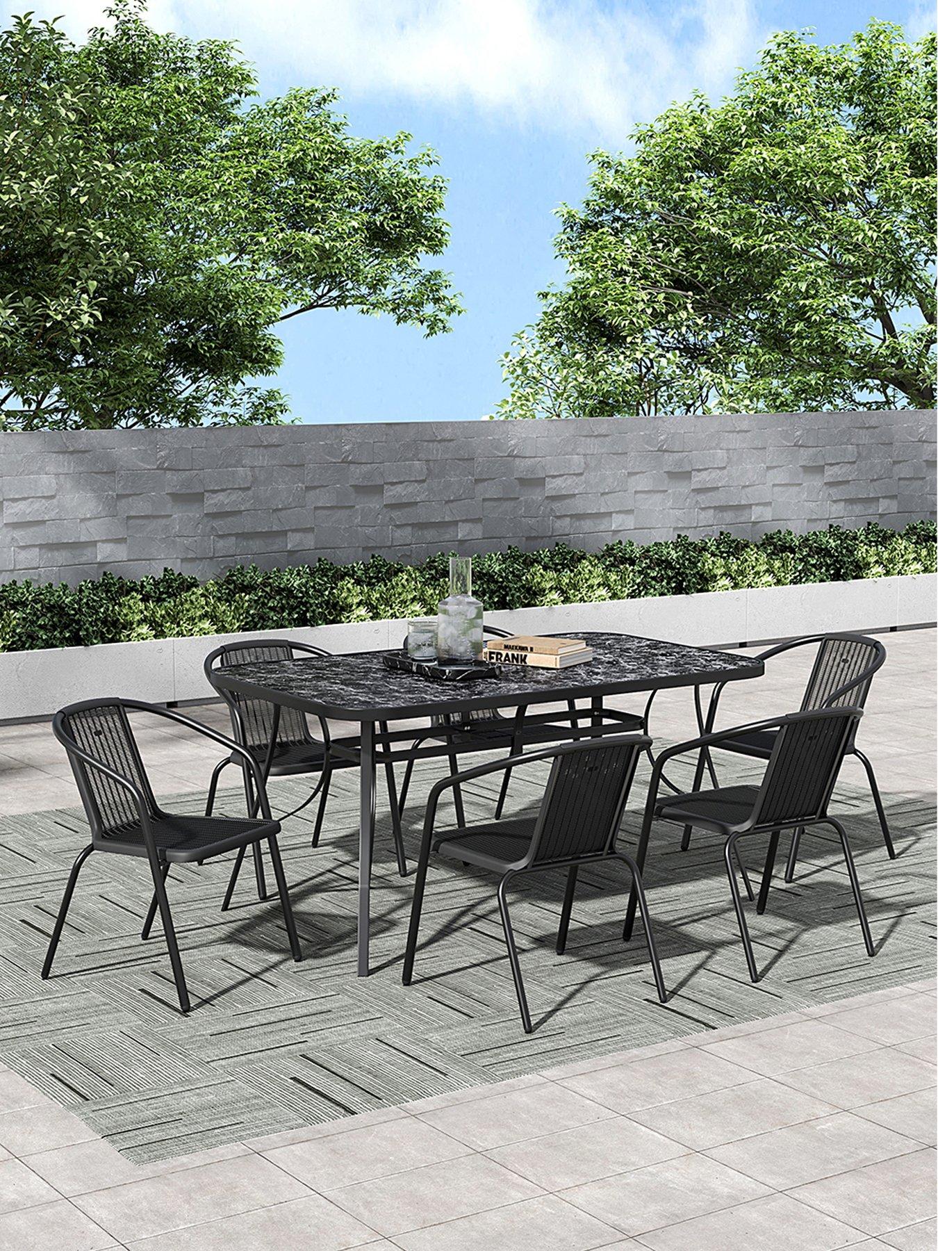  image of living-and-home-garden-marble-pattern-table-with-6-rattan-stackable-chairs
