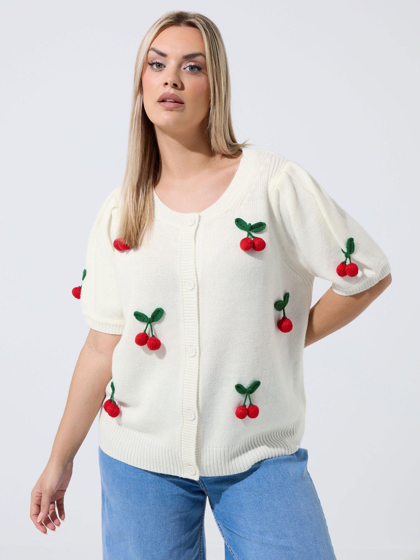 Yours Curve 3D Cherry Knitted Cardigan - Cream