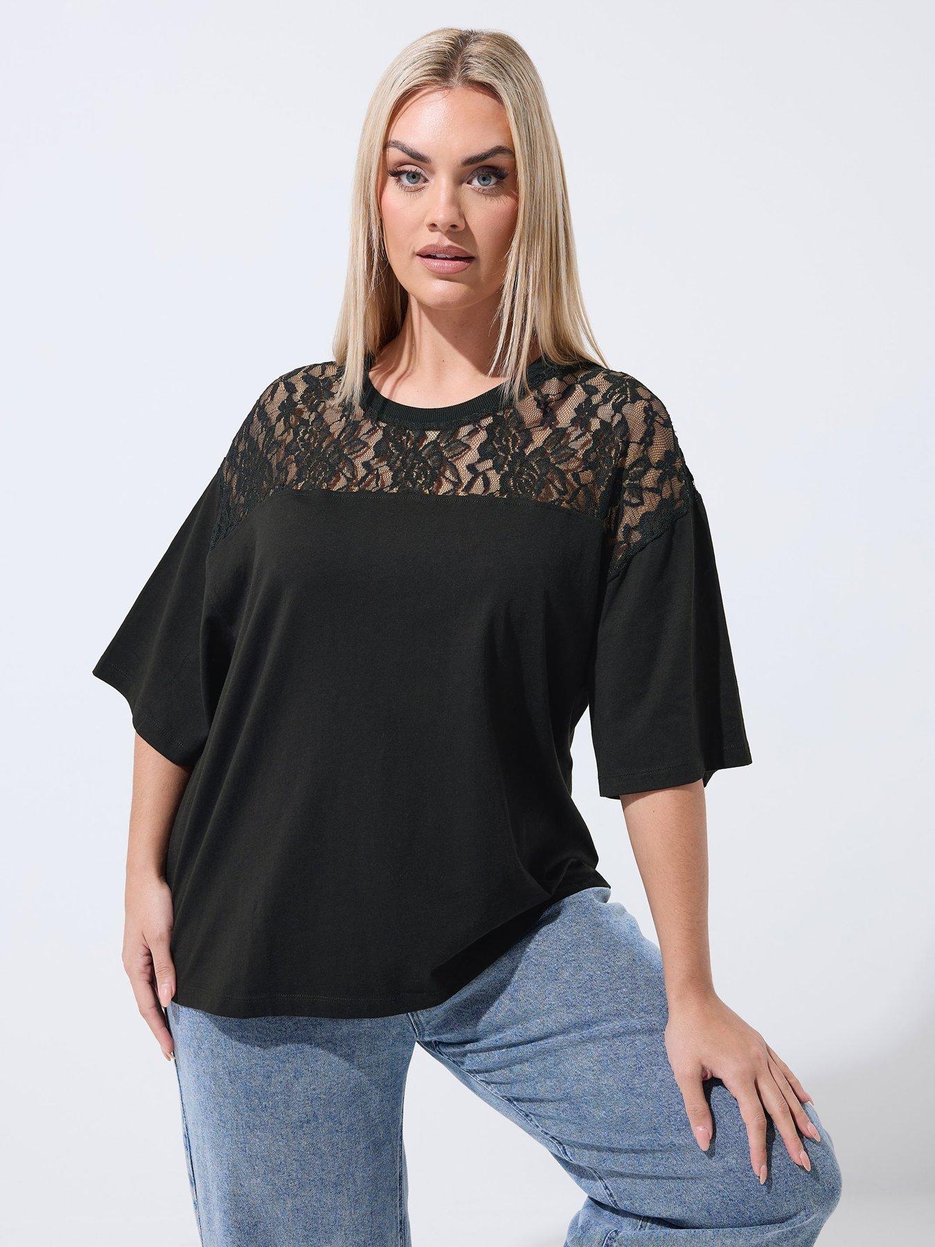 Yours Curve Lace Insert T-Shirt - Black