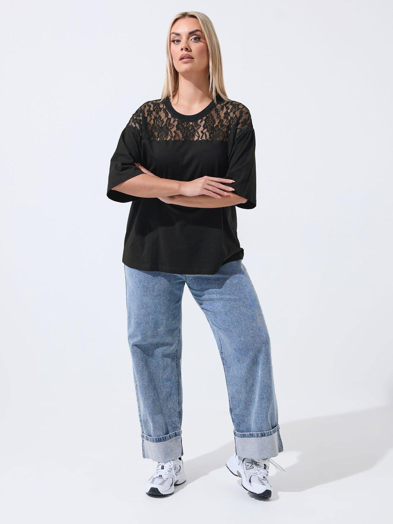  image of yours-curve-lace-insert-t-shirt-black